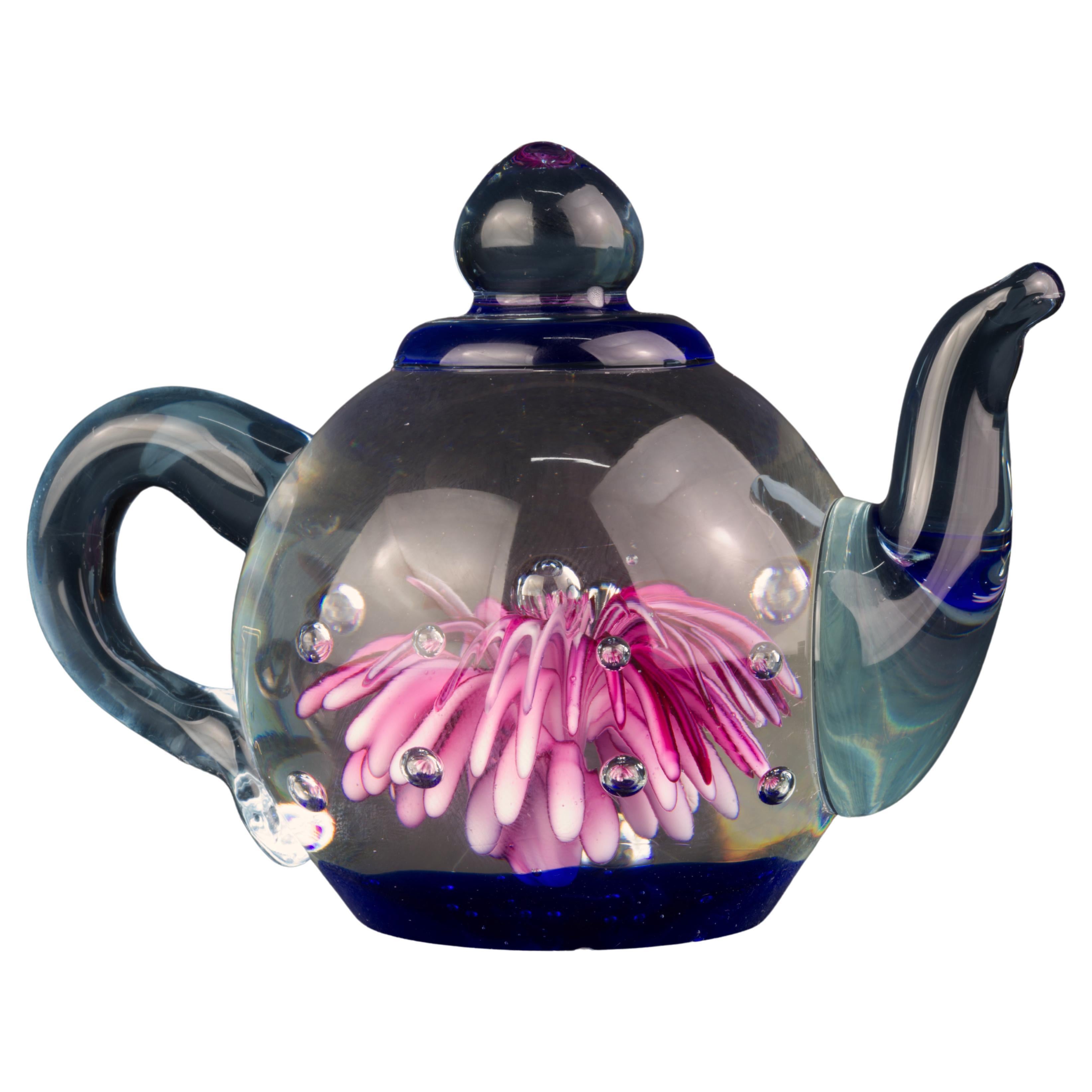 Murano Glass Teapot Shaped Paperweight Cobalt Pink Clear Controlled Bubbles