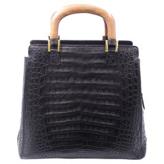 Vintage Lana Marks Black Leather Wood Handle Small Tote Handbag