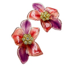 Pendientes de clip vintage LANCETTI made in ITALY firmados flores doradas de diseño