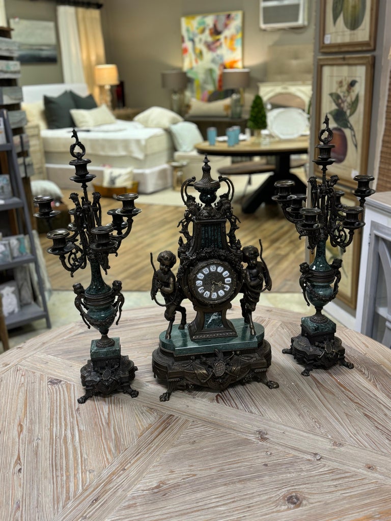 Vintage Lancini Italian Candelabras and Mantle Clock For Sale at