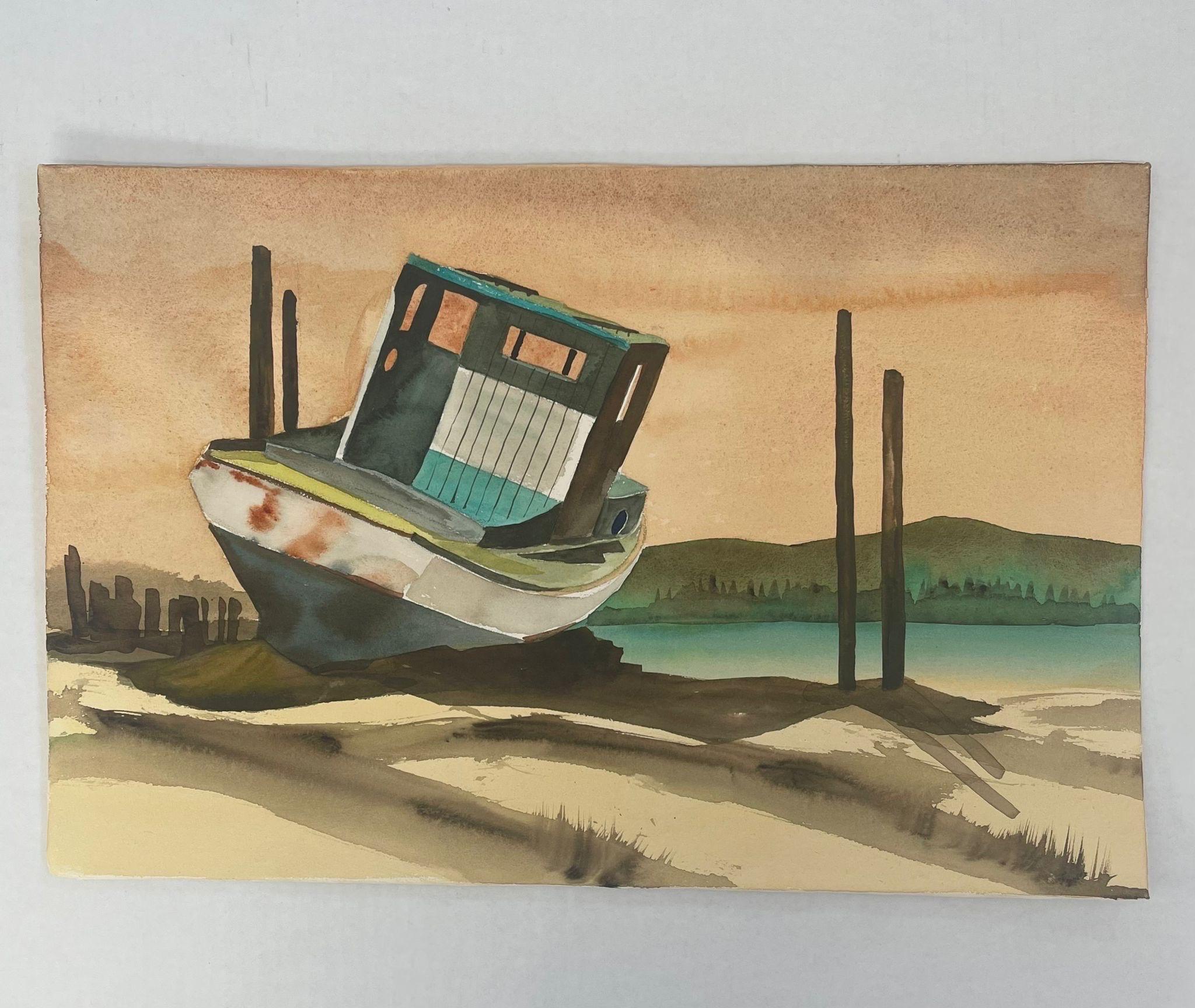 Vintage Artwork of Abstract Landscape Focussing on a Beached Boat. Possibly Watercolor on Paper. Unsigned Original. Vintage Condition Consistent with Age as Pictured.

Dimensions. 20 1/2 W ; 0.12 D ; 13 1/2 H