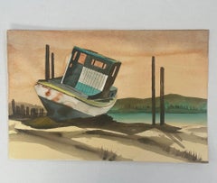 Vintage Landscape Artwork on Paper of Beached Boat.
