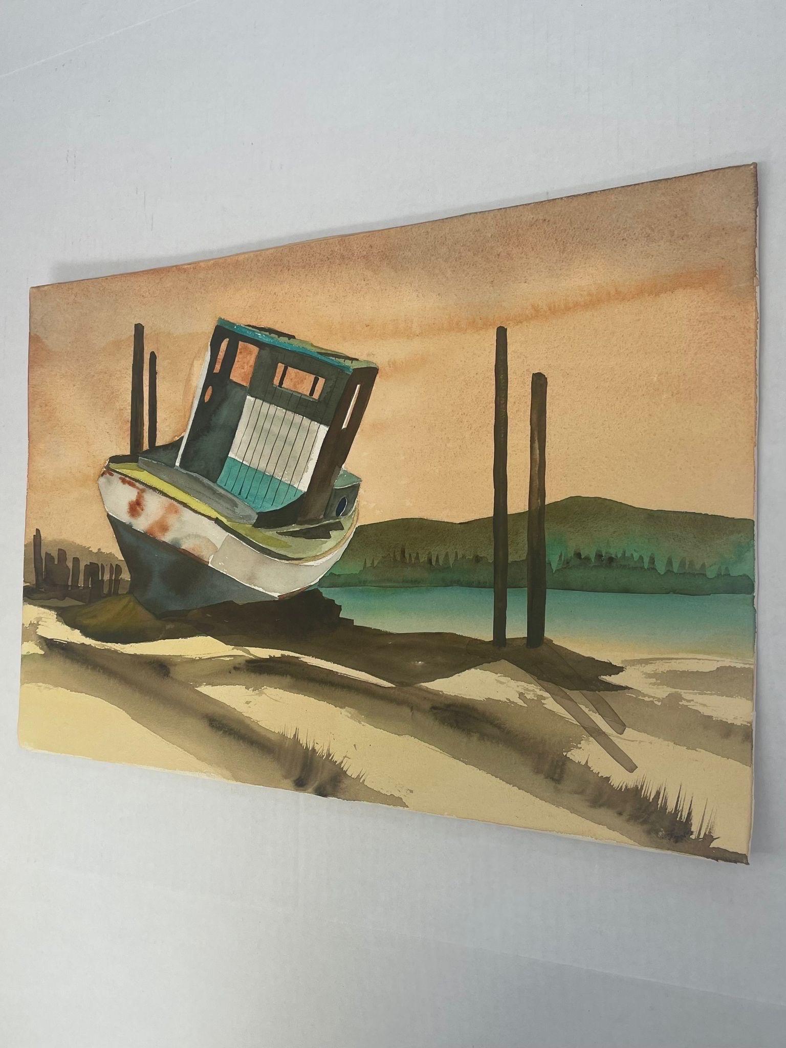 Mid-Century Modern Vintage Landscape Artwork on Paper of Beached Boat. For Sale
