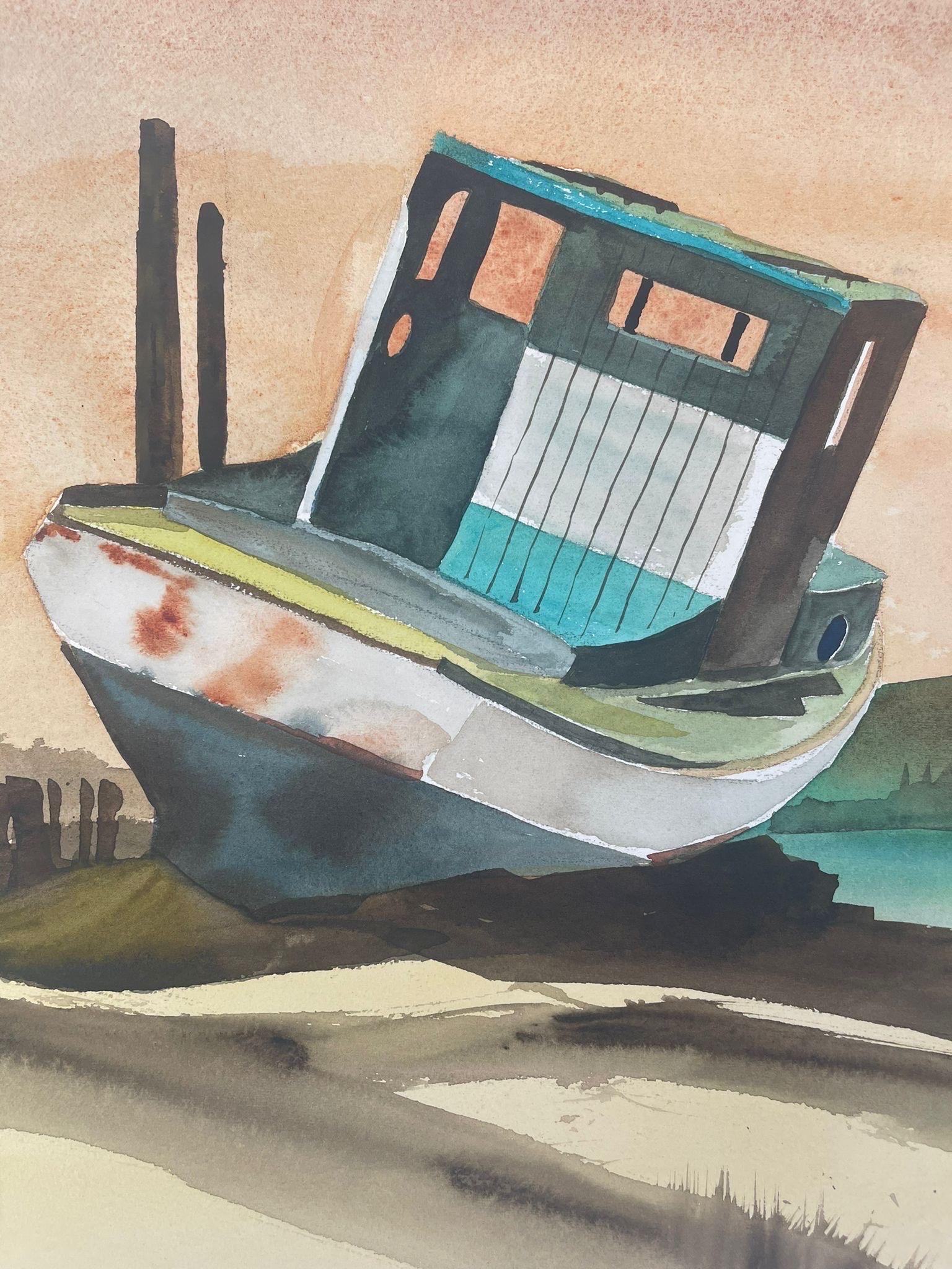 Vintage Landscape Artwork on Paper of Beached Boat. In Good Condition For Sale In Seattle, WA