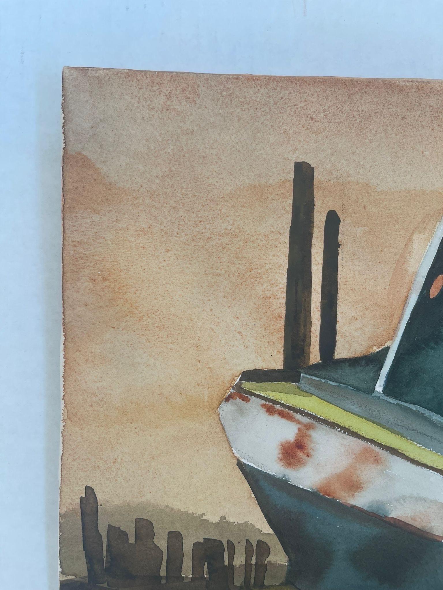 Late 20th Century Vintage Landscape Artwork on Paper of Beached Boat. For Sale
