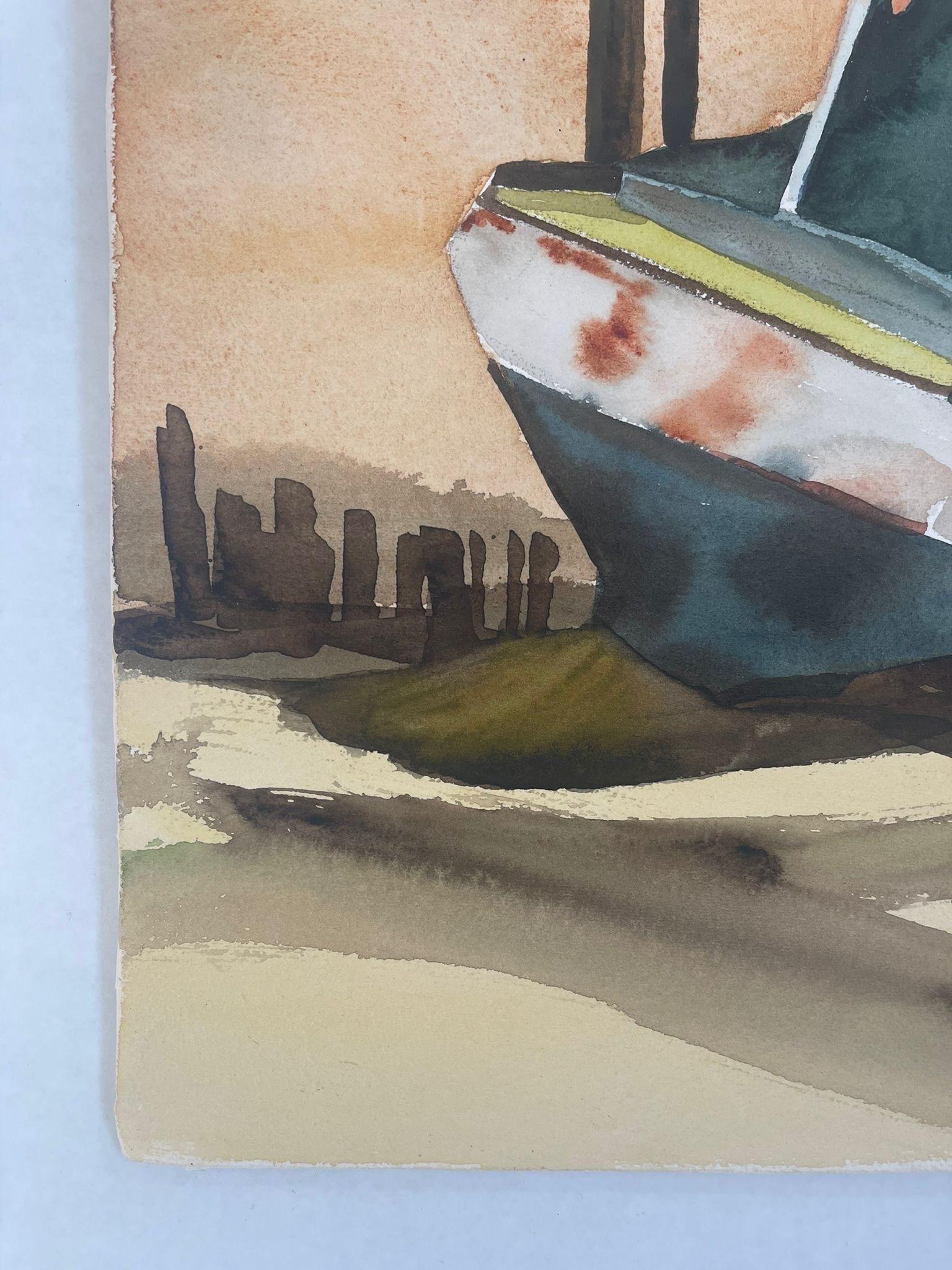 Vintage Landscape Artwork on Paper of Beached Boat. For Sale 1