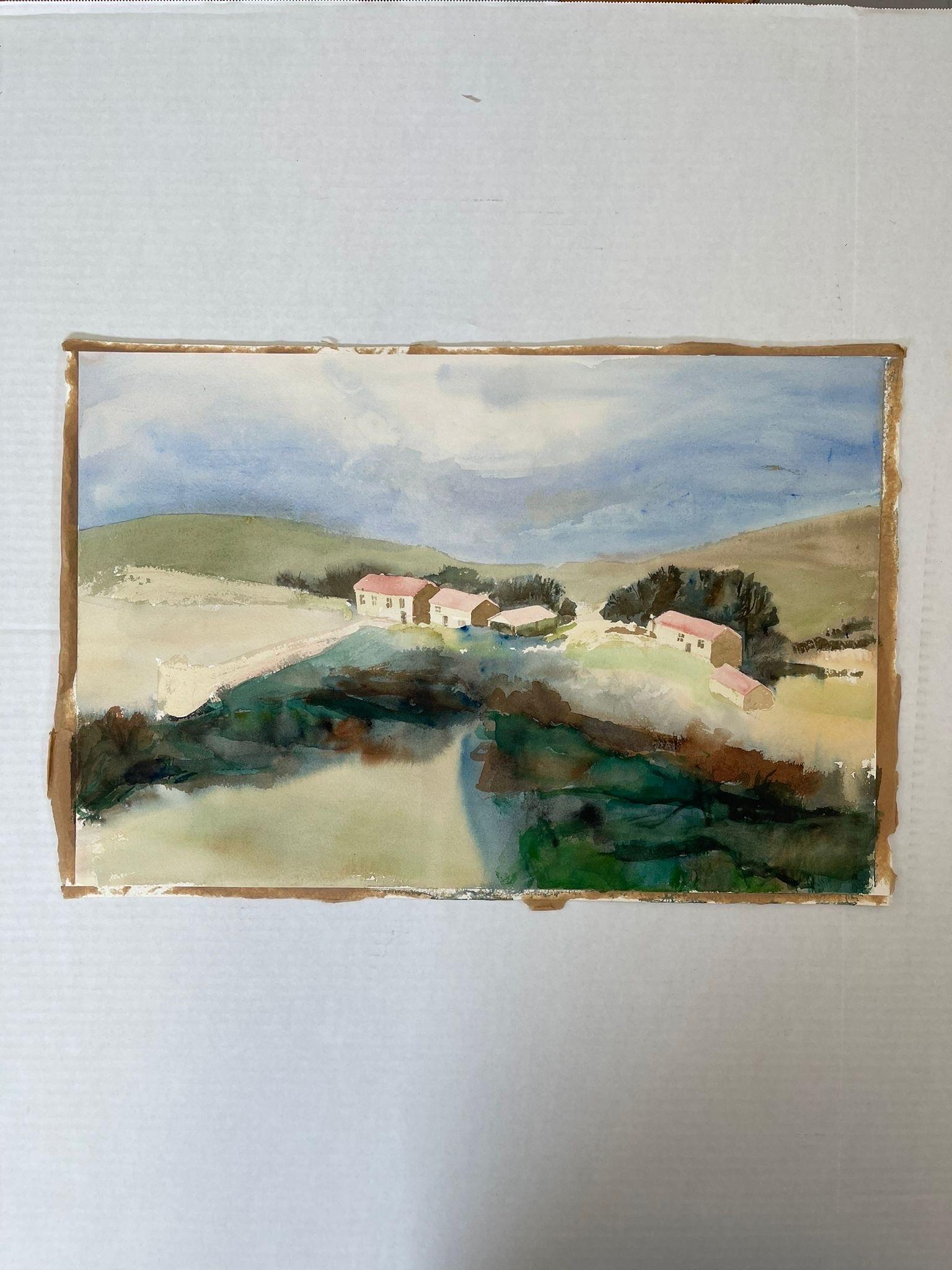 Nature Landscape of Houses by Stream . Primary Colors are Green and Blue. Unsigned. Appears to Have Previously Been Framed due to Conditioning Around the Edges as Pictured.

Dimensions. 22 1/2 W ; 1/4 D ; 15 H