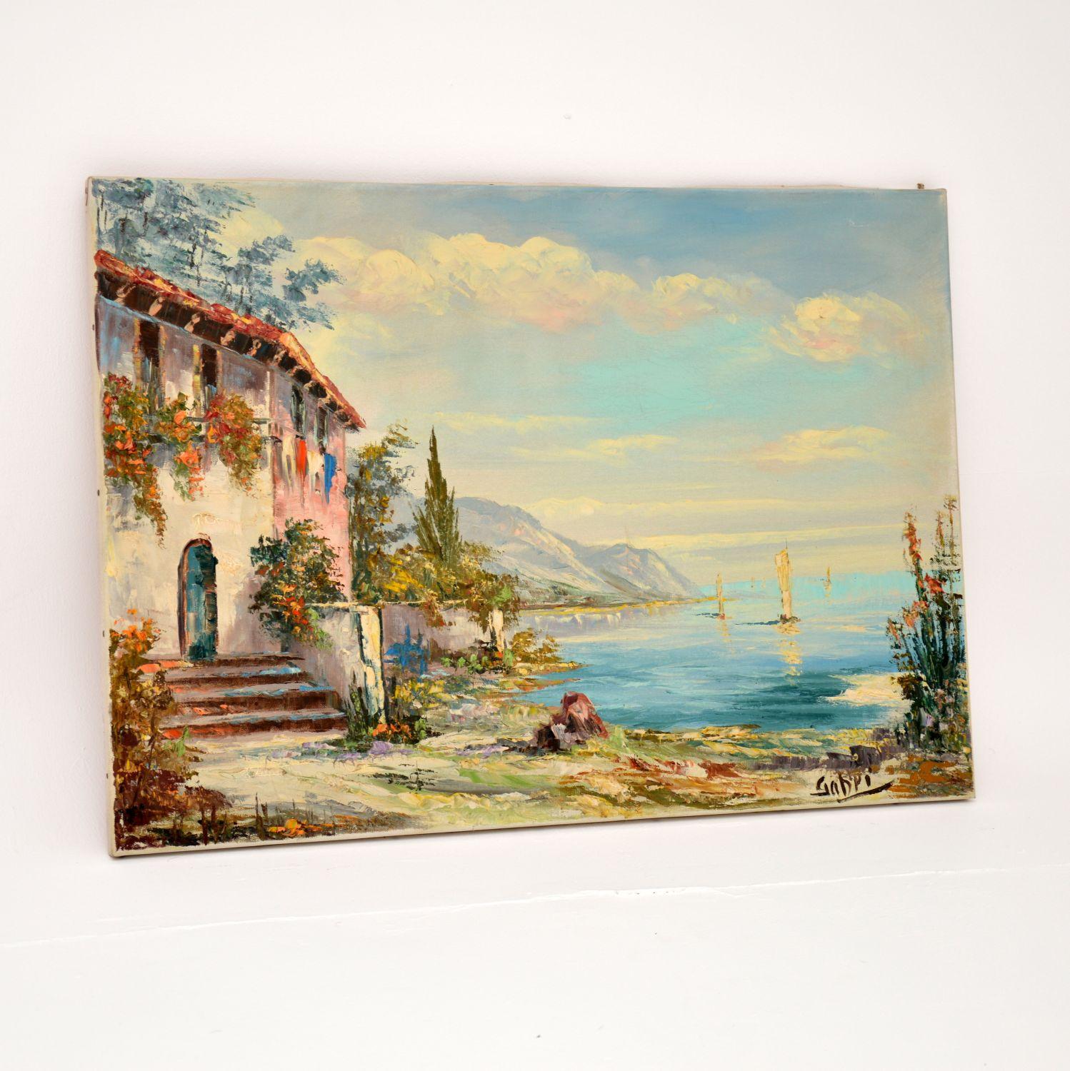 A stunning original vintage landscape oil painting on canvass. This is signed by the artist “Gabri”, it dates from around the 1960’s.

It is beautifully executed and depicts an absolutely gorgeous coastal scene. Very much in the impressionist