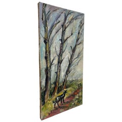 Vintage Landscape Oil Painting on Burlap, Mid-Century Modern Art.