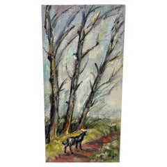 Vintage Landscape Oil Painting on Burlap, Mid-Century Modern Art.