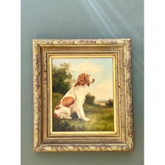 Pintura al óleo de un paisaje de estilo vintage con un perro