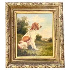 Pintura al óleo de un paisaje de estilo vintage con un perro