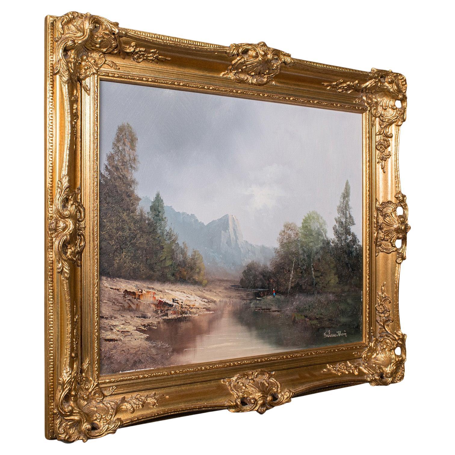 Pittura di paesaggio vintage, austriaca, olio su tela con cornice, arte, scena alpina