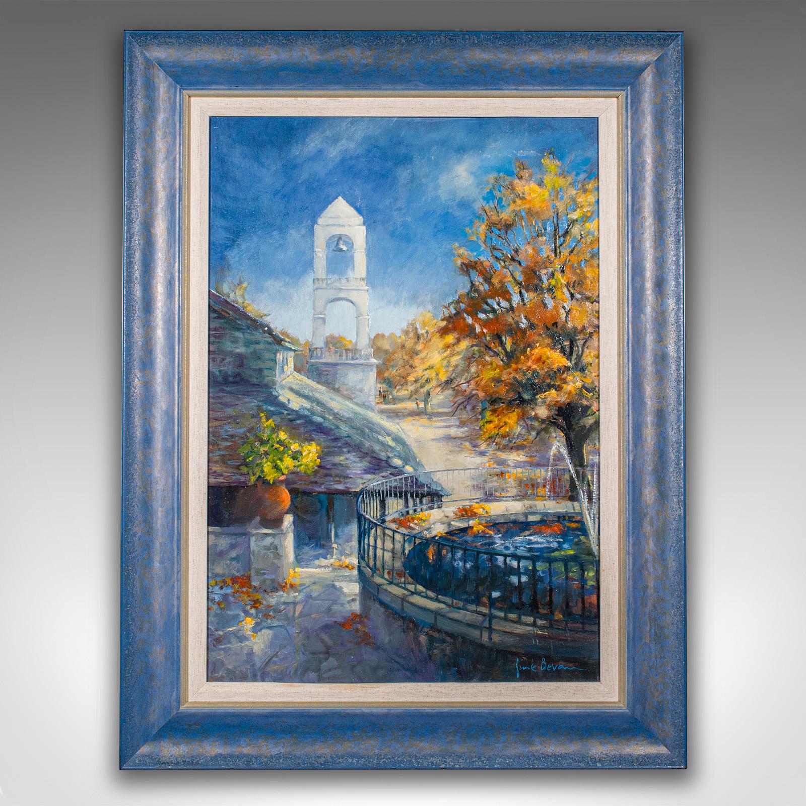 
This is a vintage landscape painting ' Tower in Greece.' An English, oil on board art piece signed by the artist, dating to the late 20th century, circa 1980.

Beautifully presented oil painting with great colour and technique
Displays a desirable