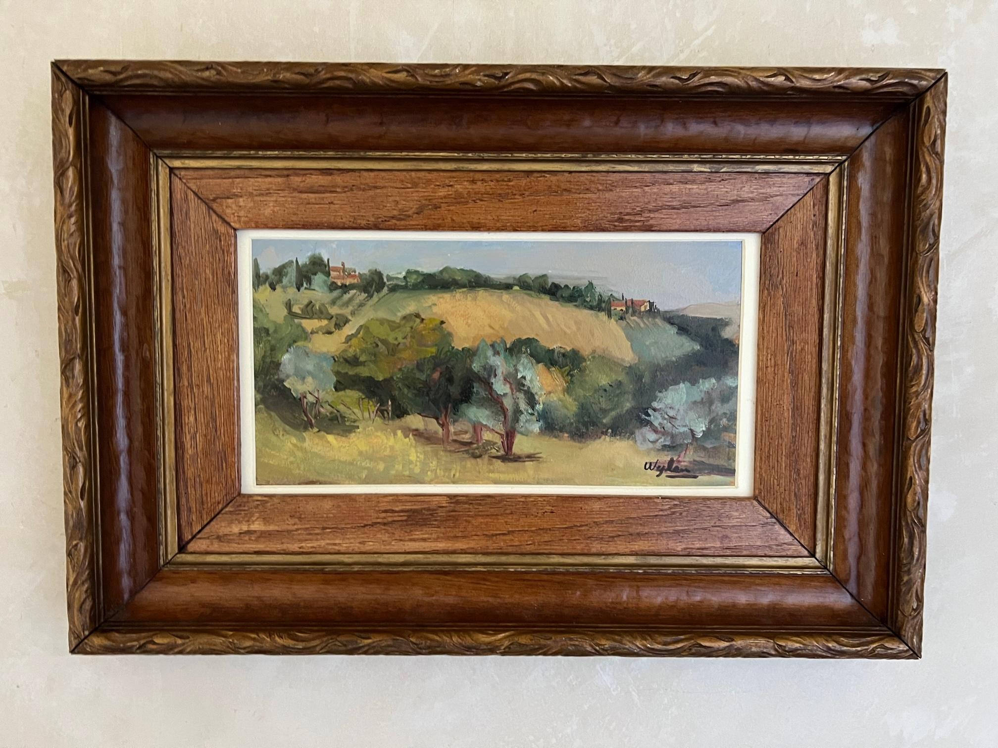 Vintage vineyard landscape painting on paper signed by the artist Wylan. 

 Framed also carved wooden frame from the 1940's.

Painting measurements 13 wide x 6.5 tall.