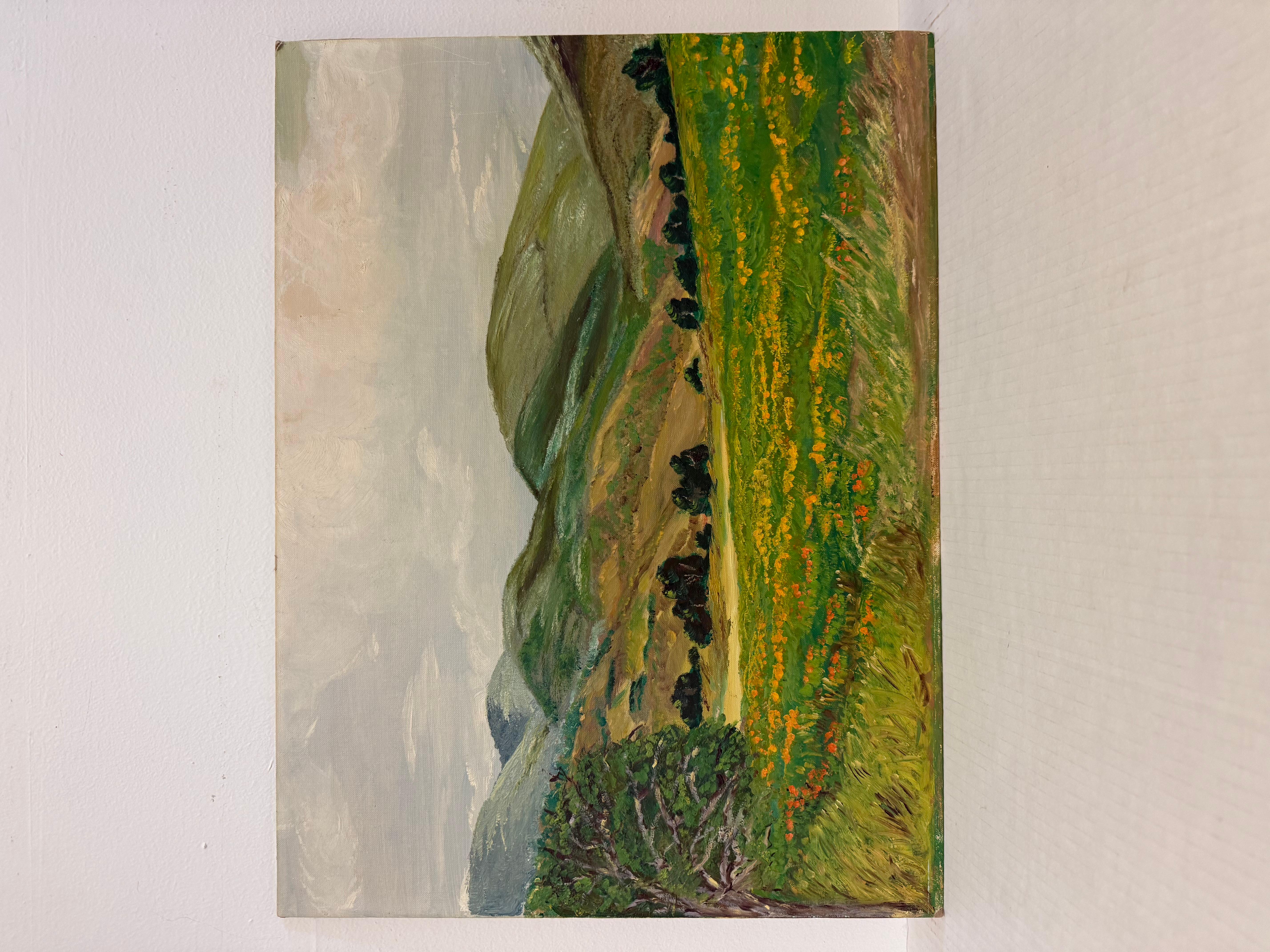  The artwork presents a serene landscape characterized by rolling hills and a vibrant field filled with flowers, showcasing a style reminiscent of Impressionism. The composition features a prominent tree on the left, adding depth and a sense of