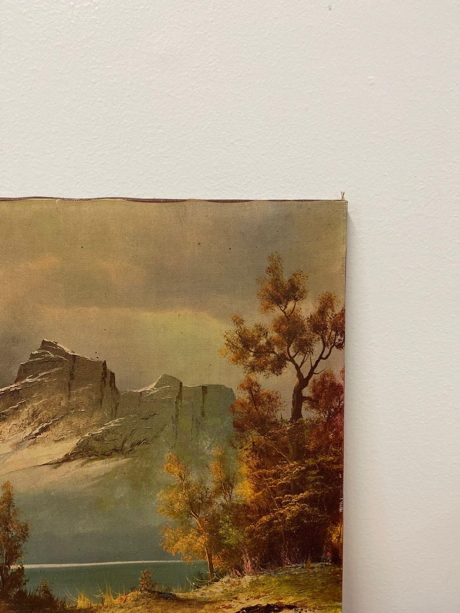 Vintage-Landschaftsdruck auf Leinwand. Berge über einem See. (Moderne der Mitte des Jahrhunderts) im Angebot