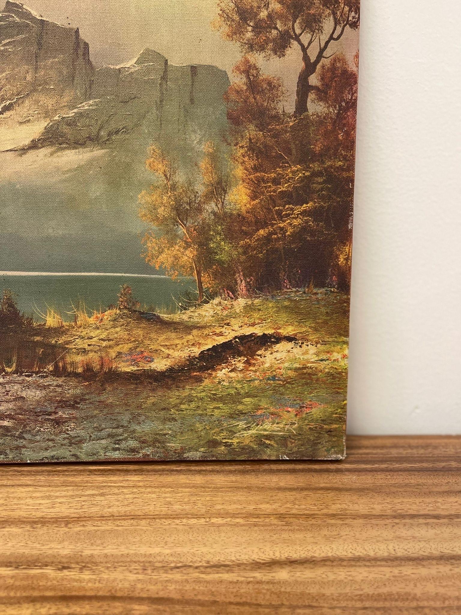 Vintage Landscape Print on Canvas. Mountains Over a Lake. In Good Condition For Sale In Seattle, WA