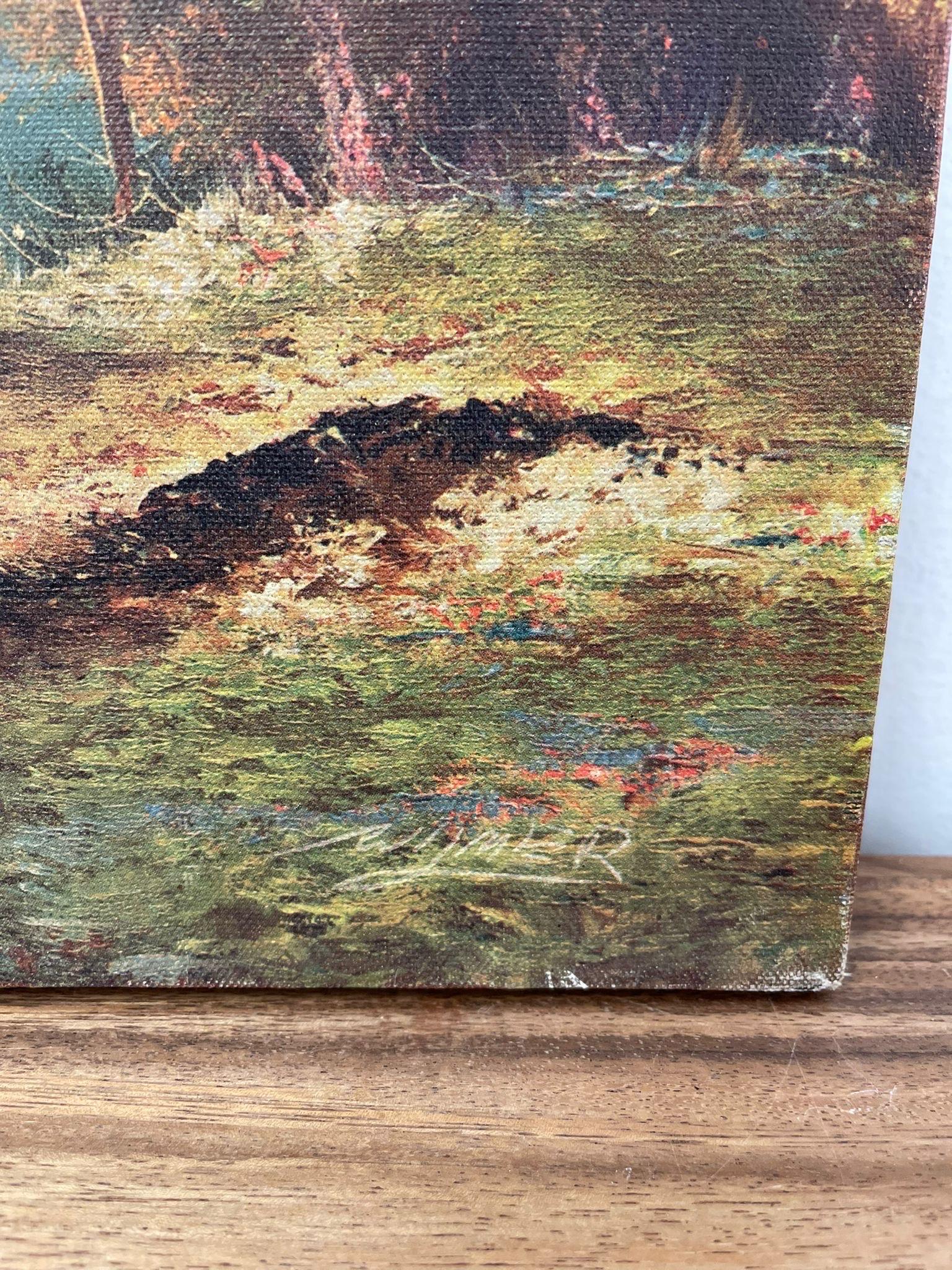 Vintage-Landschaftsdruck auf Leinwand. Berge über einem See. (Ende des 20. Jahrhunderts) im Angebot