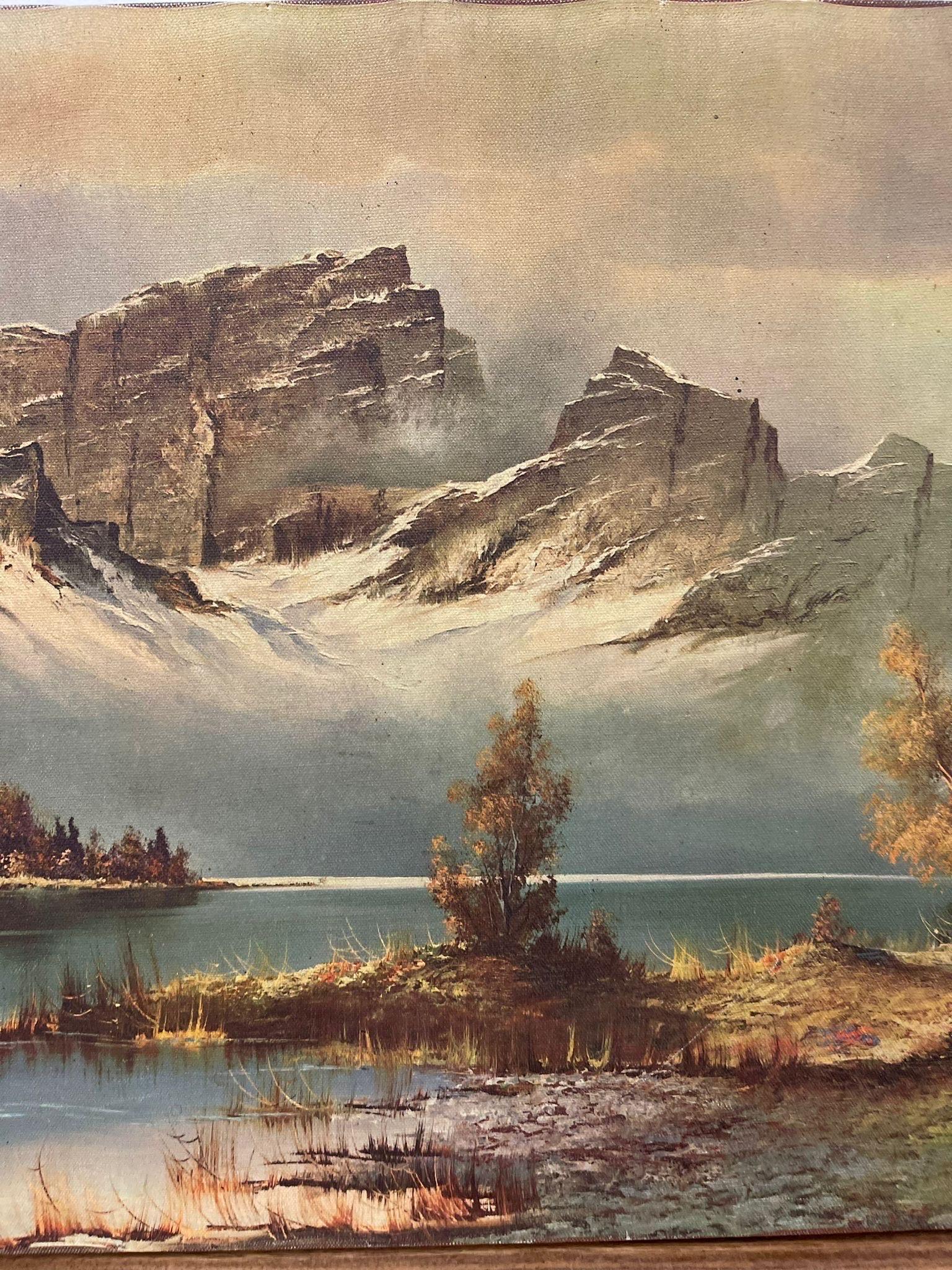 Vintage-Landschaftsdruck auf Leinwand. Berge über einem See. im Angebot 1