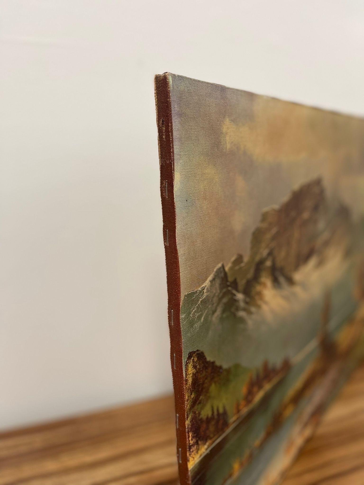 Vintage Landscape Print on Canvas. Mountains Over a Lake. For Sale 3