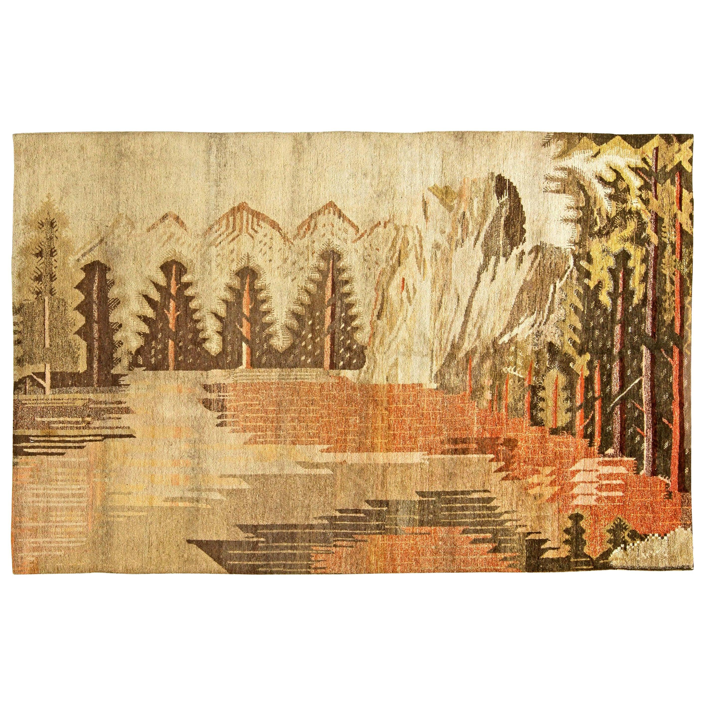 Midcentury Samarkand Handmade Wool Rug in Sandy Beige, Orange and Brown