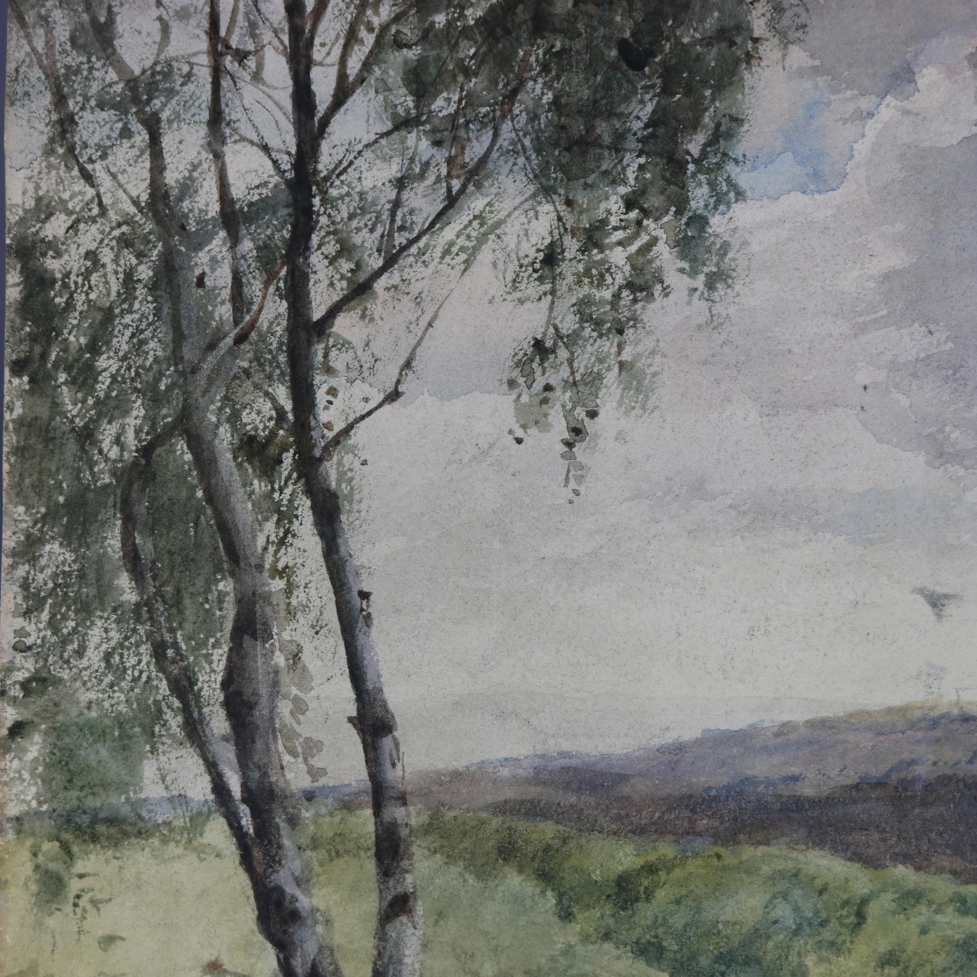 A vintage landscape watercolor on board painting of hillside scene, signed Fred Hines, 20th century

Measures: 19.25