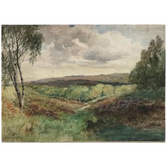 Paesaggio d'epoca Acquerello su pannello d'artista di collina di Fred Hines, 20° sec.