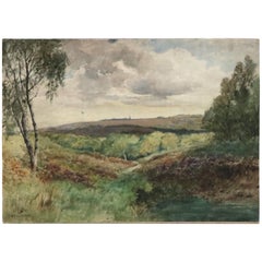 Aquarelle d'un paysage vintage sur panneau d'artiste de Hillside par Fred Hines, 20e siècle