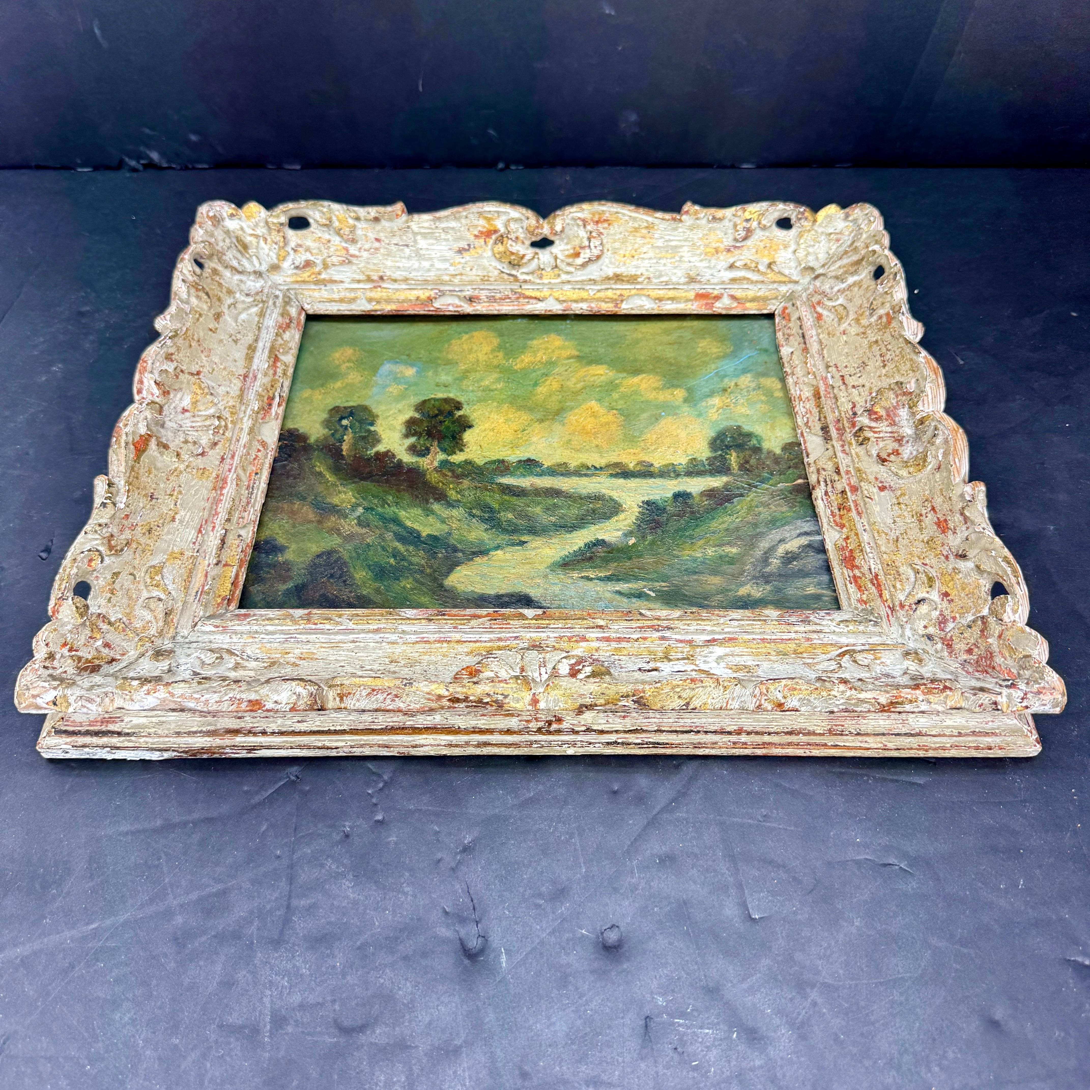 Hand-Crafted Vintage Landscape with Water Oil Painting on Board Framed For Sale