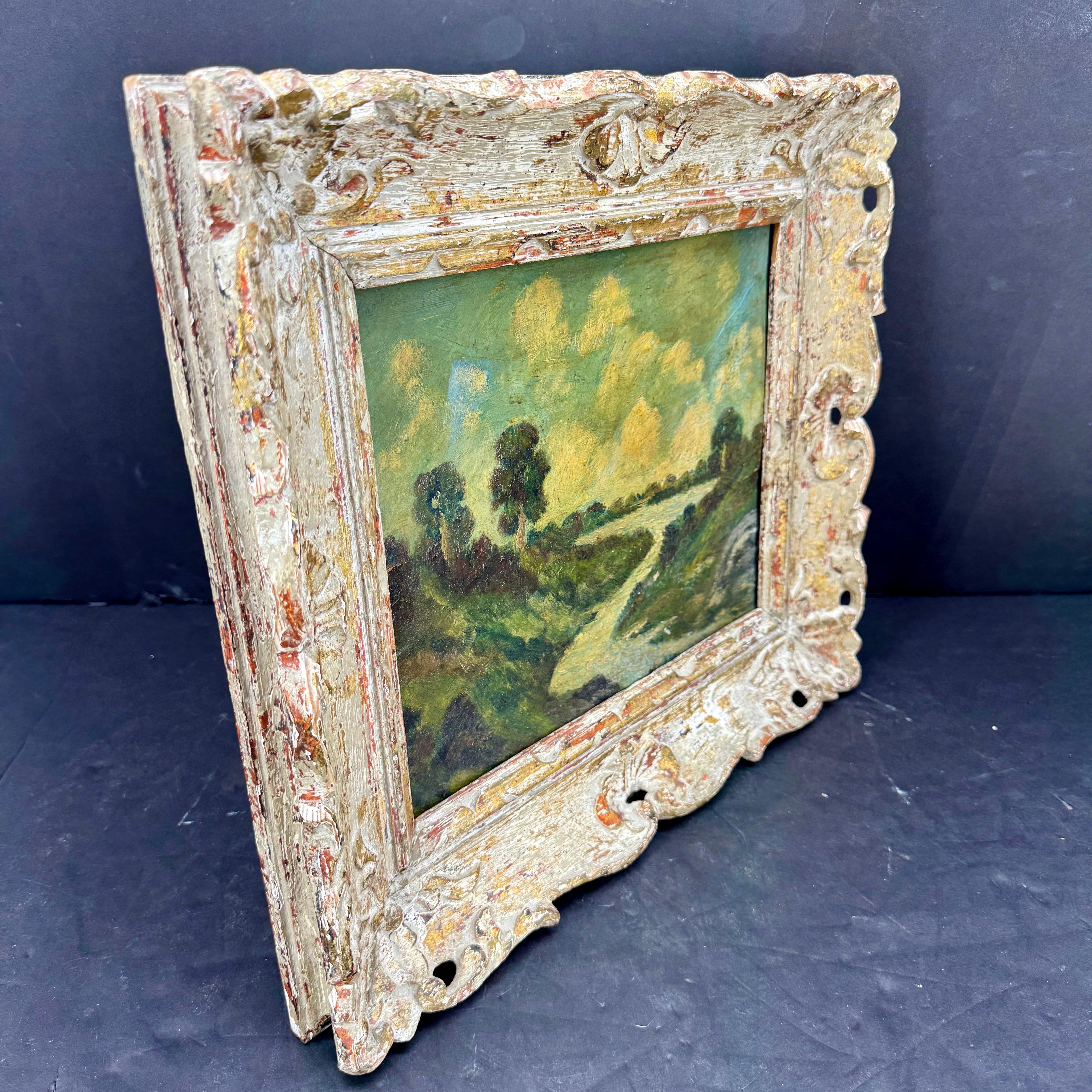 Vintage Landscape with Water Oil Painting on Board Framed In Good Condition For Sale In Haddonfield, NJ