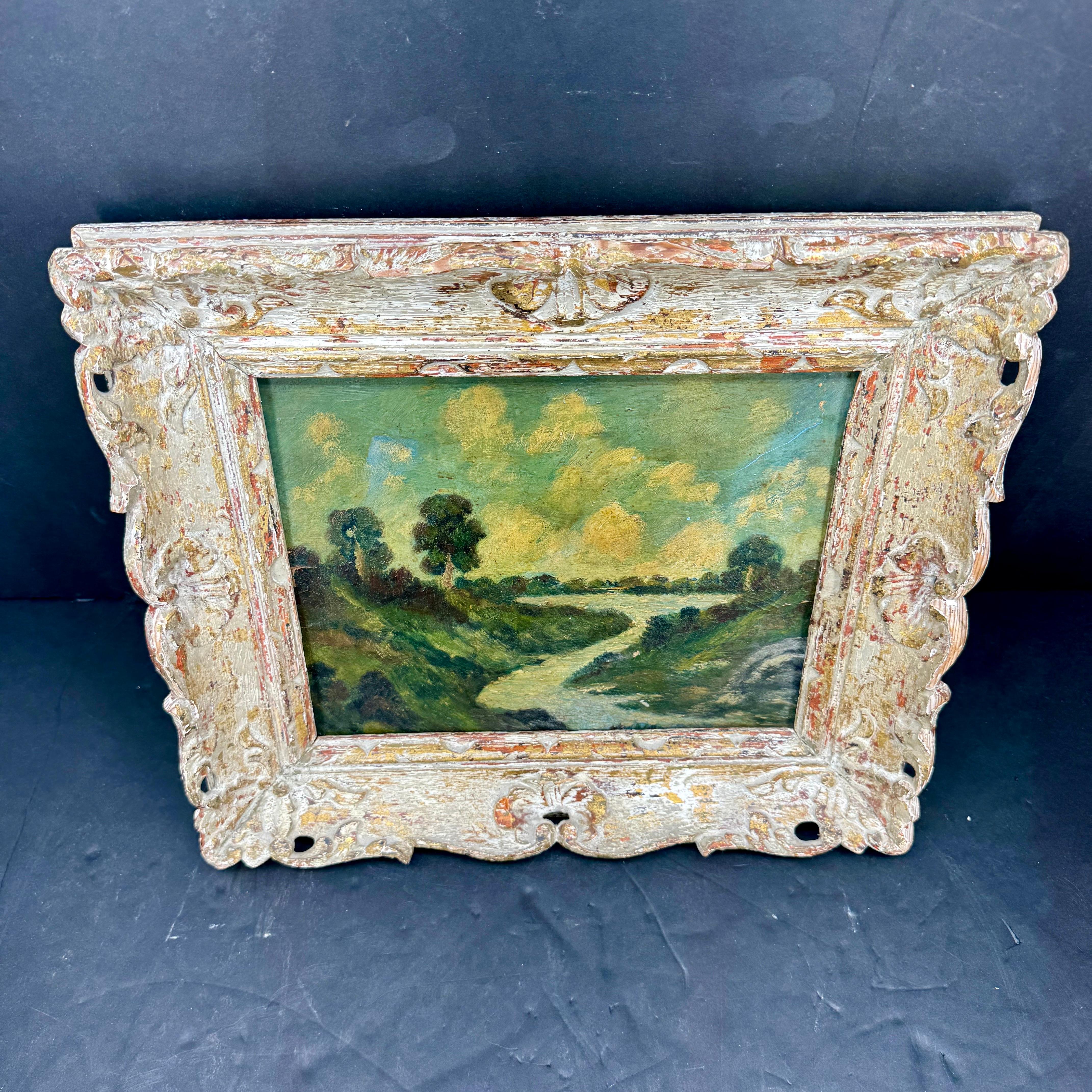 20th Century Vintage Landscape with Water Oil Painting on Board Framed For Sale