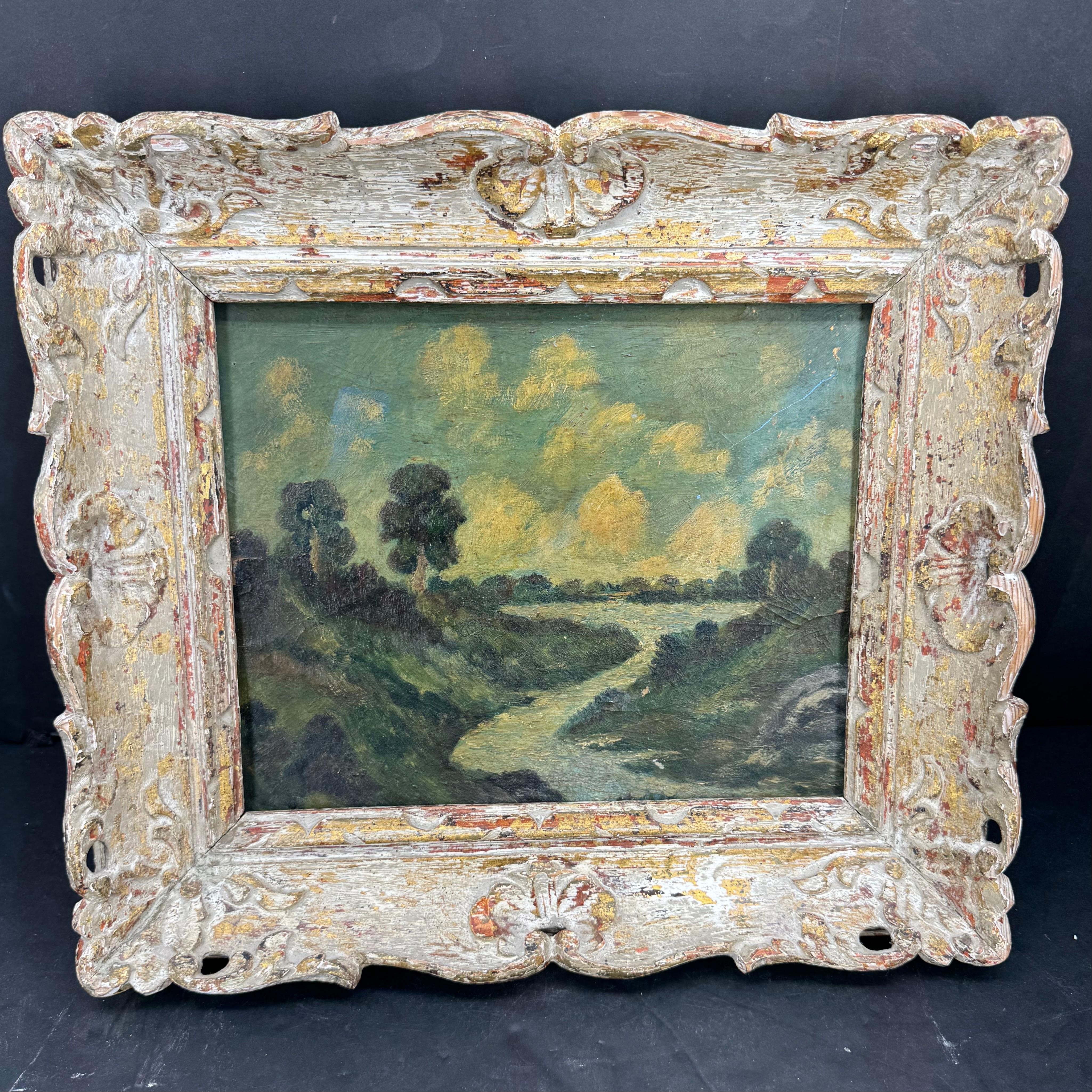 Wood Vintage Landscape with Water Oil Painting on Board Framed For Sale