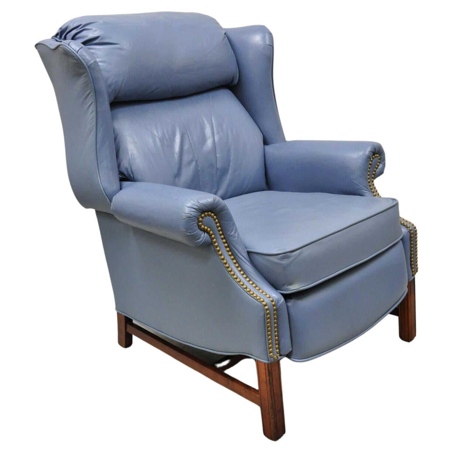 Vintage Lane Action Blue Leather Wingback Recliner Reclining Lounge Chair  For Sale at 1stDibs