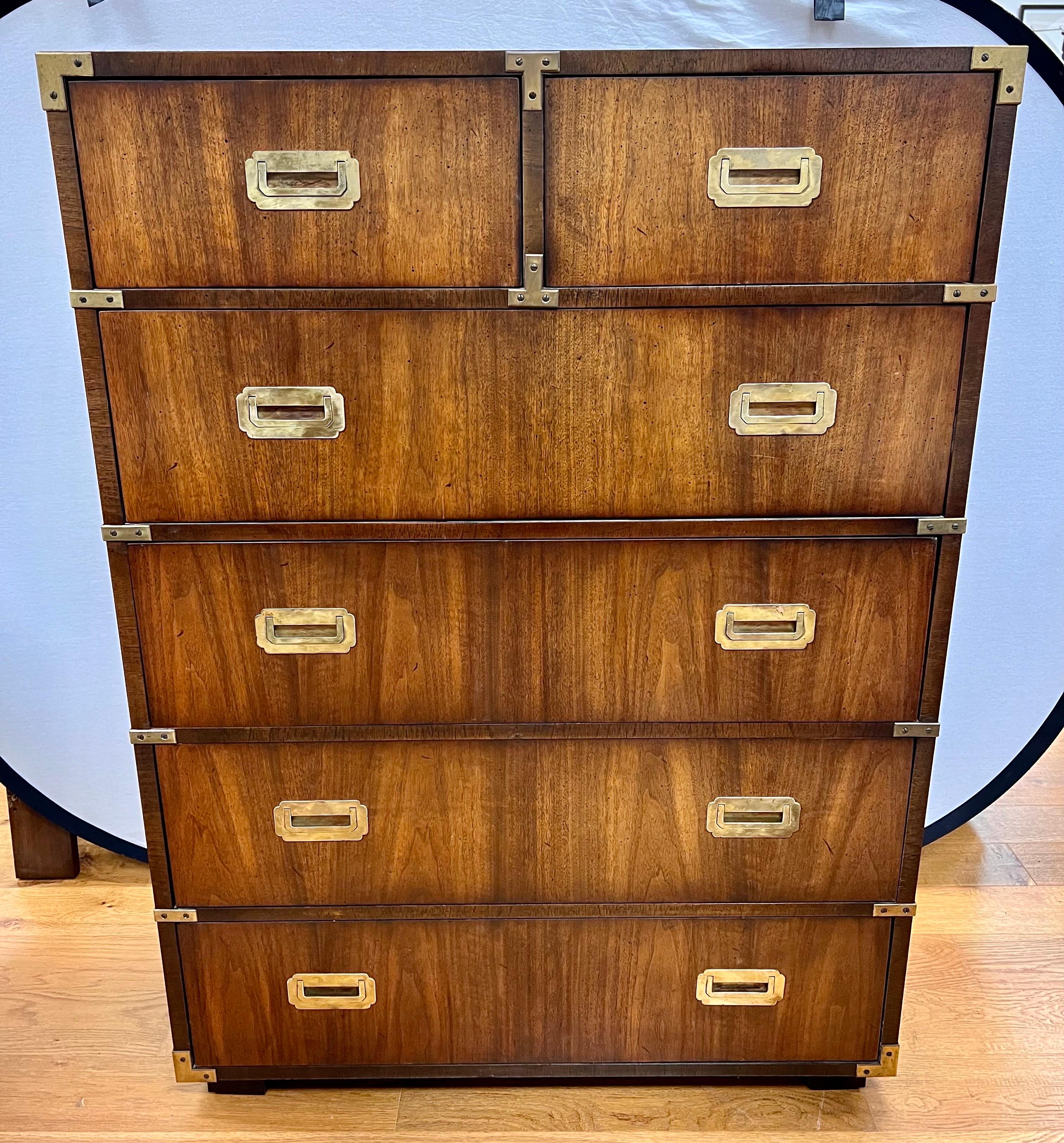 Vintage Lane Alta Vista campaign style walnut tall chest dresser with six dovetailed drawers and recessed brass pulls and hardware. In great condition.  Made in Altavista, VA in the 1970's.