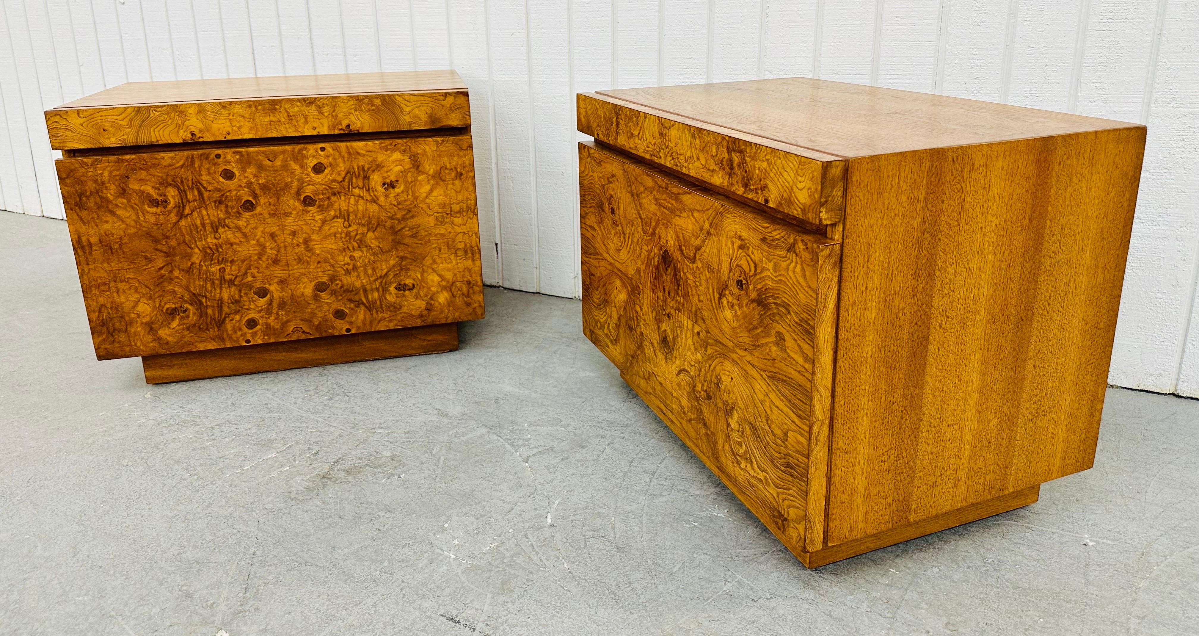 This listing is for a pair of Vintage Lane Burled Wood Nightstands. Featuring a straight line cube design, pull out formica tray, large drawer at the bottom, and a beautiful burled wood front. This is an exceptional combination of quality and design