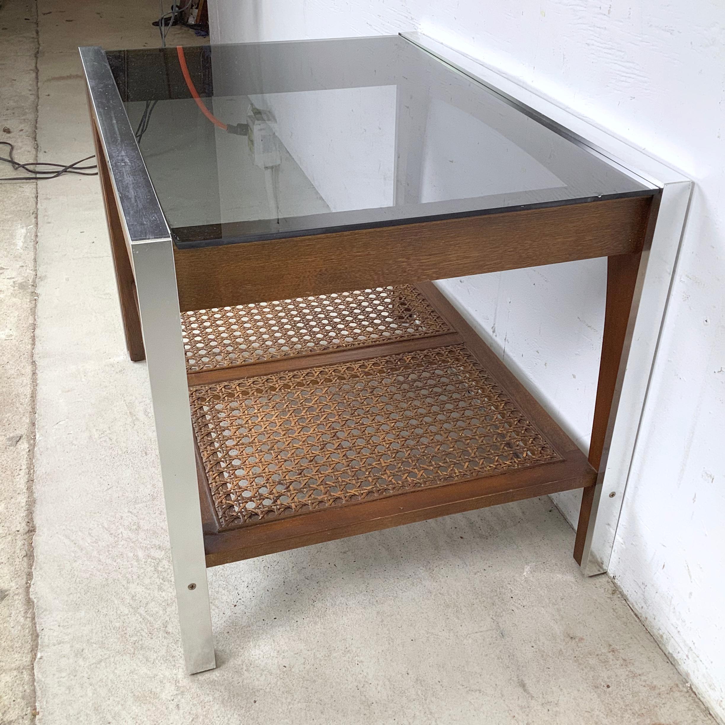 Vintage Lane End Table, Smoked Glass Top with Cane Lower Shelf For Sale 2