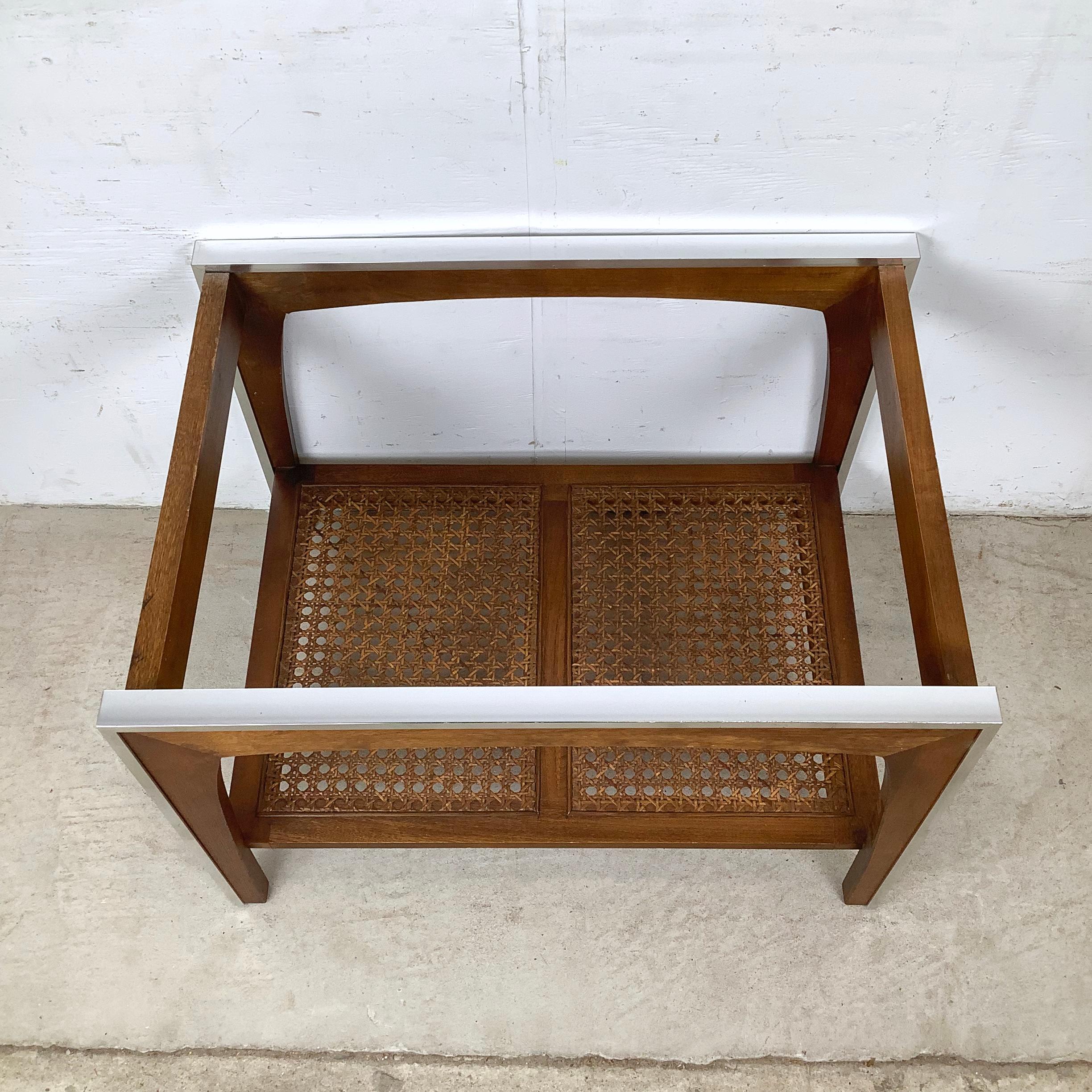 Vintage Lane End Table, Smoked Glass Top with Cane Lower Shelf For Sale 8