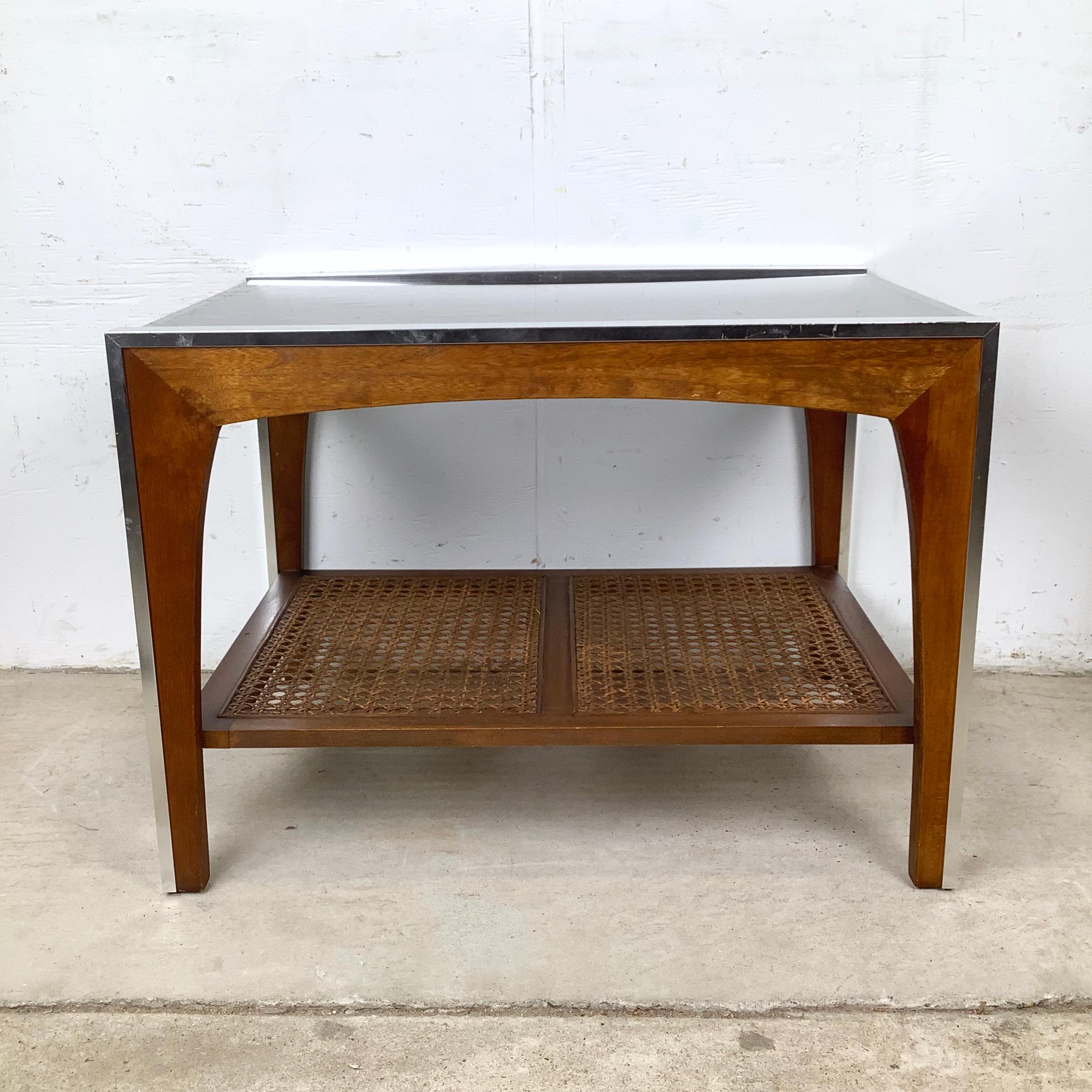 Vintage Lane End Table, Smoked Glass Top with Cane Lower Shelf For Sale 10