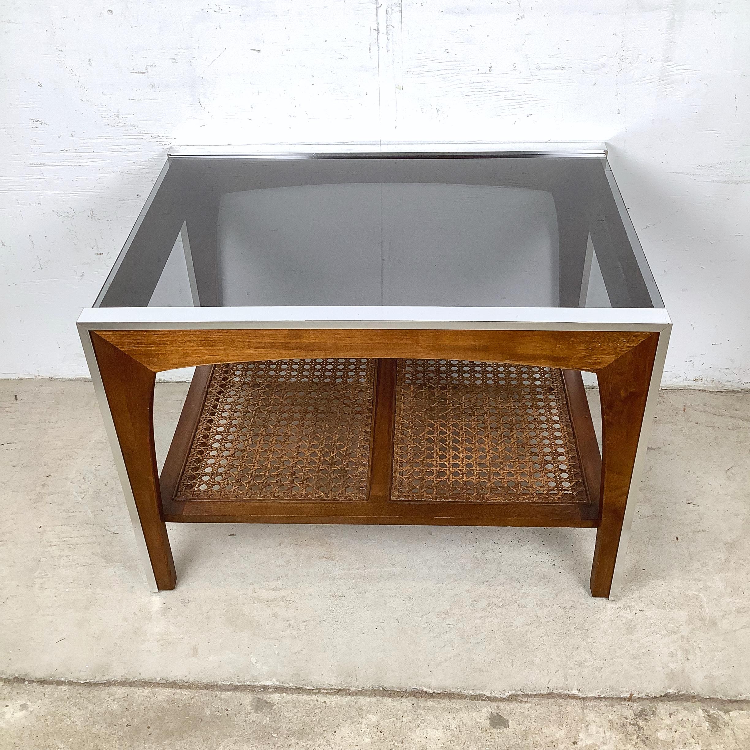 Mid-Century Modern Vintage Lane End Table, Smoked Glass Top with Cane Lower Shelf For Sale