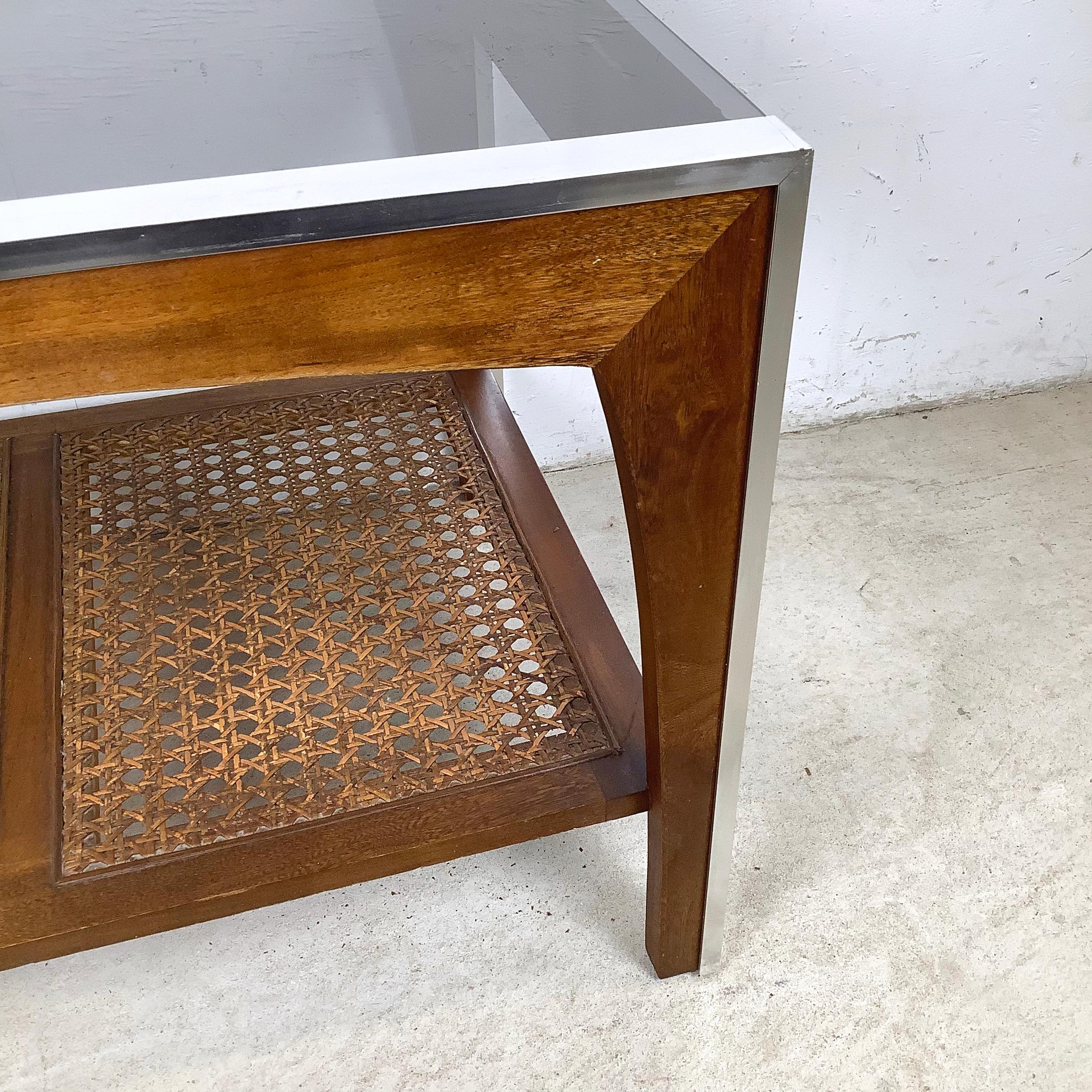 Other Vintage Lane End Table, Smoked Glass Top with Cane Lower Shelf For Sale