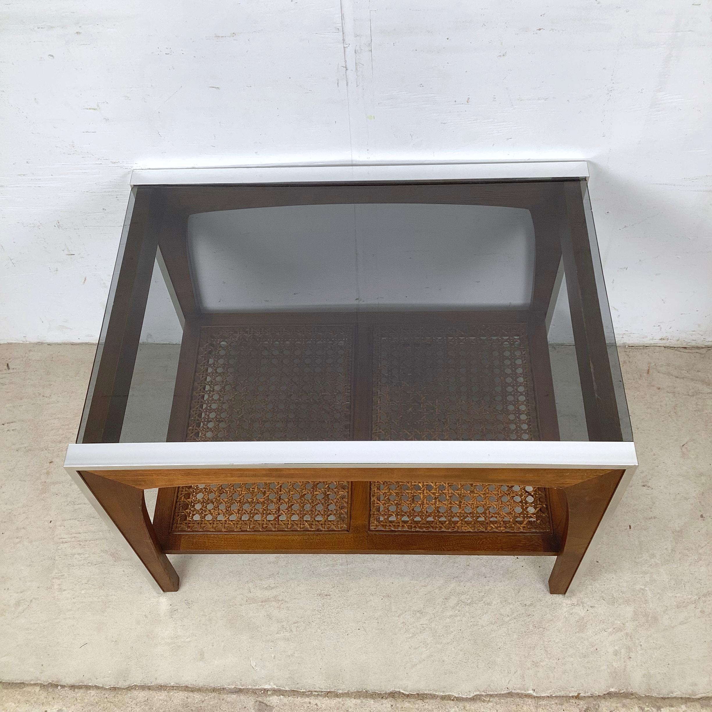 Vintage Lane End Table, Smoked Glass Top with Cane Lower Shelf In Good Condition For Sale In Trenton, NJ