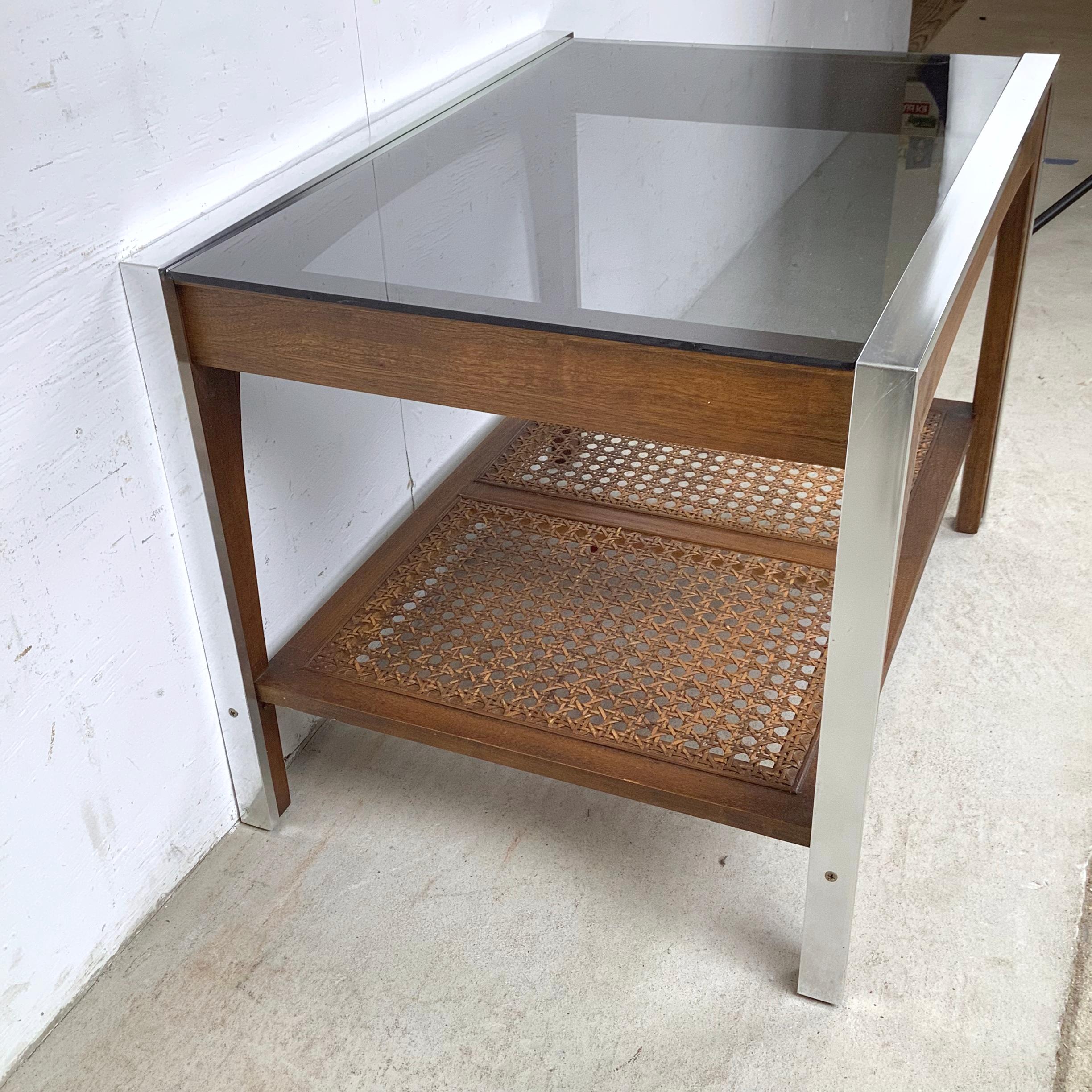 Vintage Lane End Table, Smoked Glass Top with Cane Lower Shelf For Sale 1