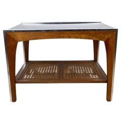 Vintage Lane End Table, Smoked Glass Top with Cane Lower Shelf