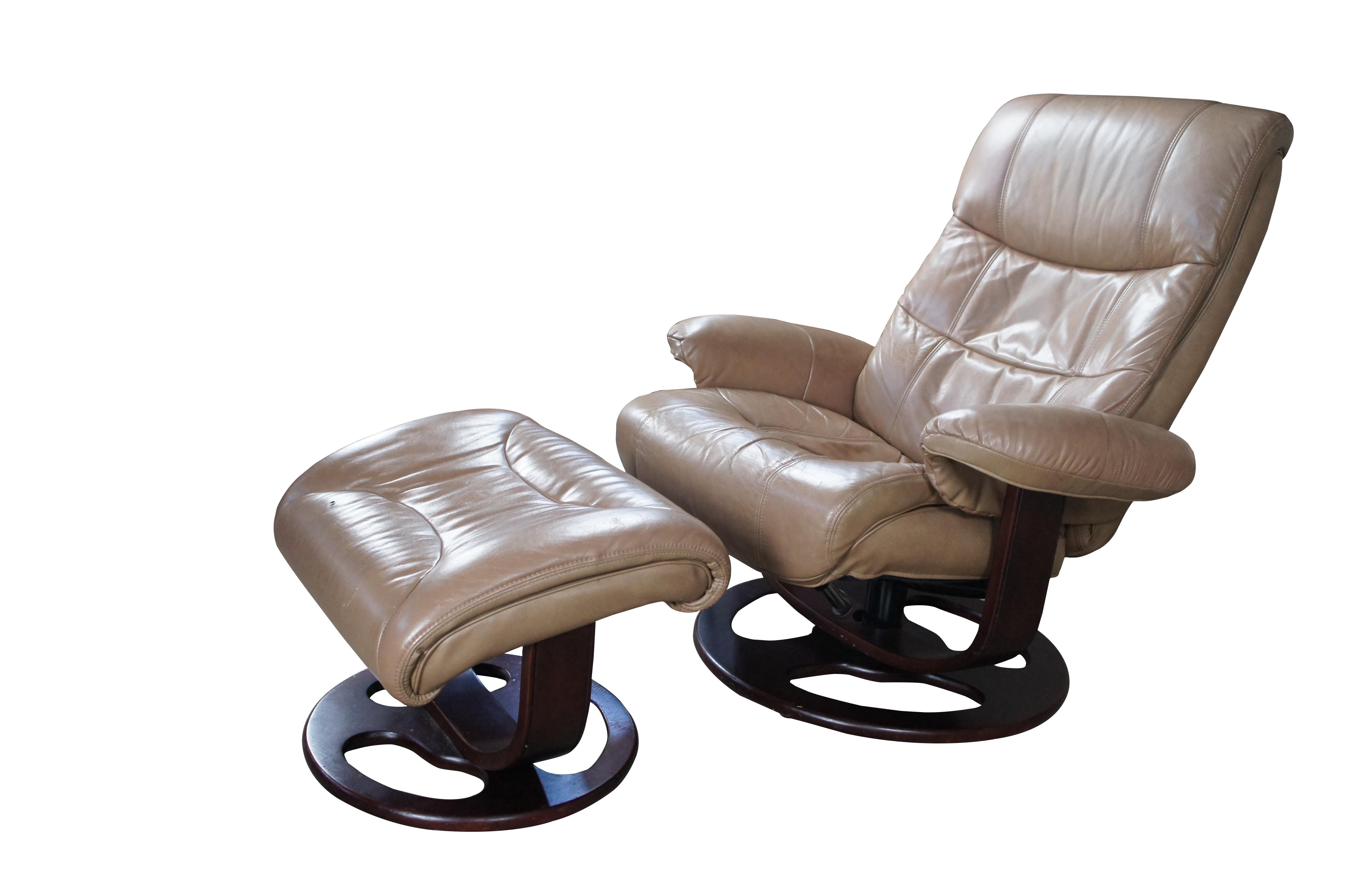 Vintage Lane Furniture stressless bonded leather reclining swivel armchair and ottoman.

Dimensions:
35