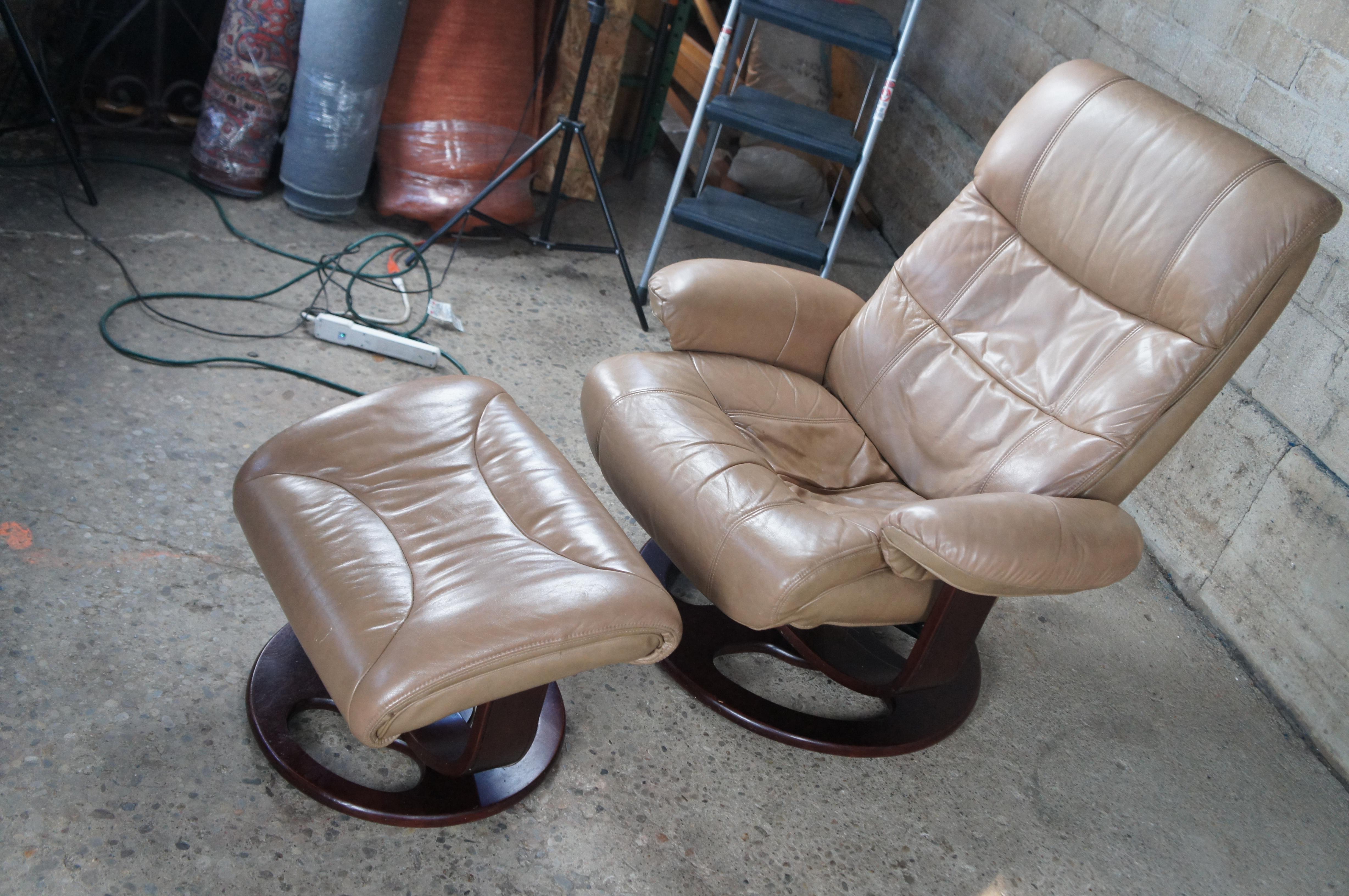 Modern Vintage Lane Furniture Cuir Leather Stressless Recliner Lounge Chair Ottoman