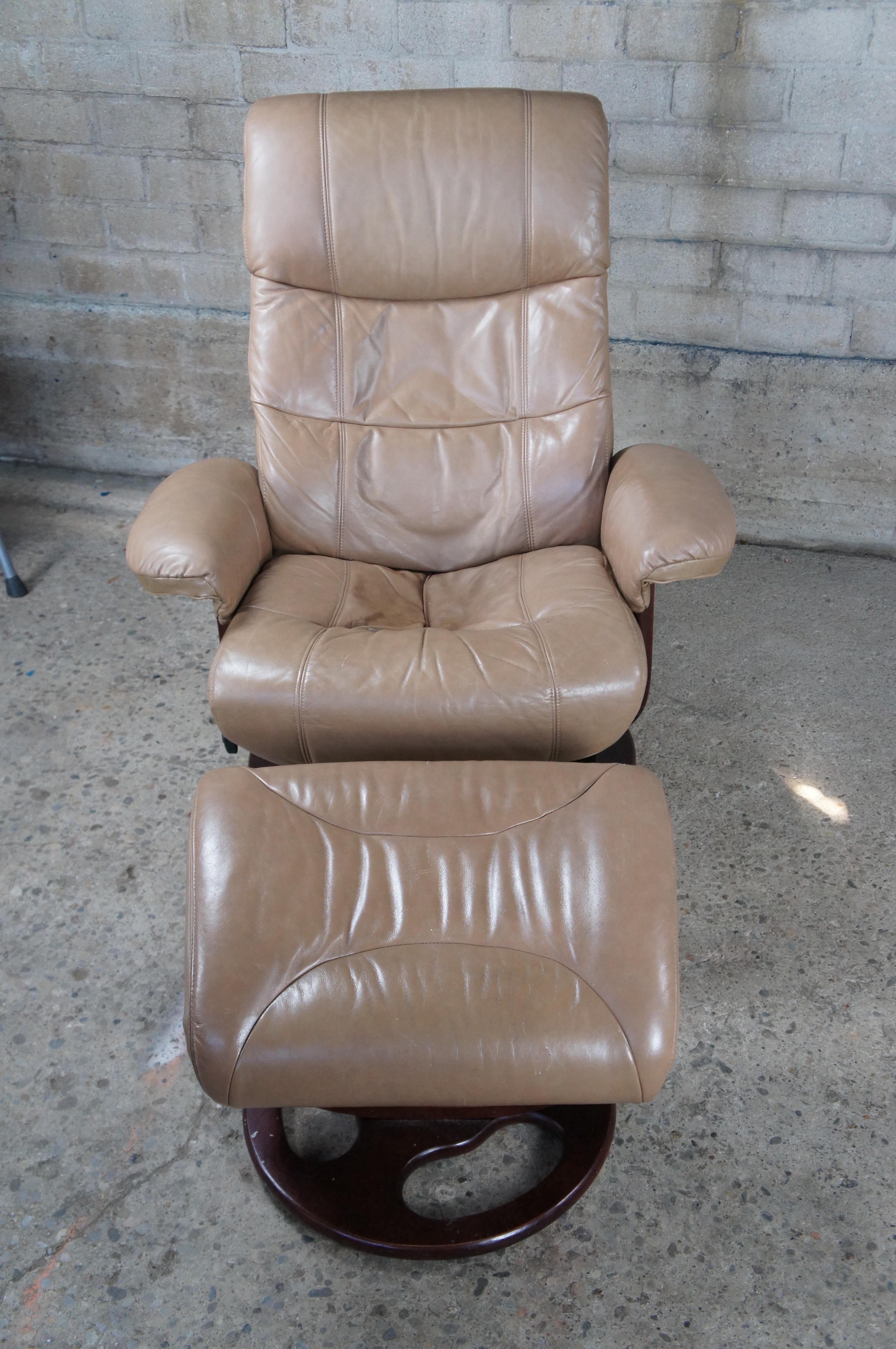 Vintage Lane Furniture Cuir Leather Stressless Recliner Lounge Chair Ottoman In Fair Condition In Dayton, OH