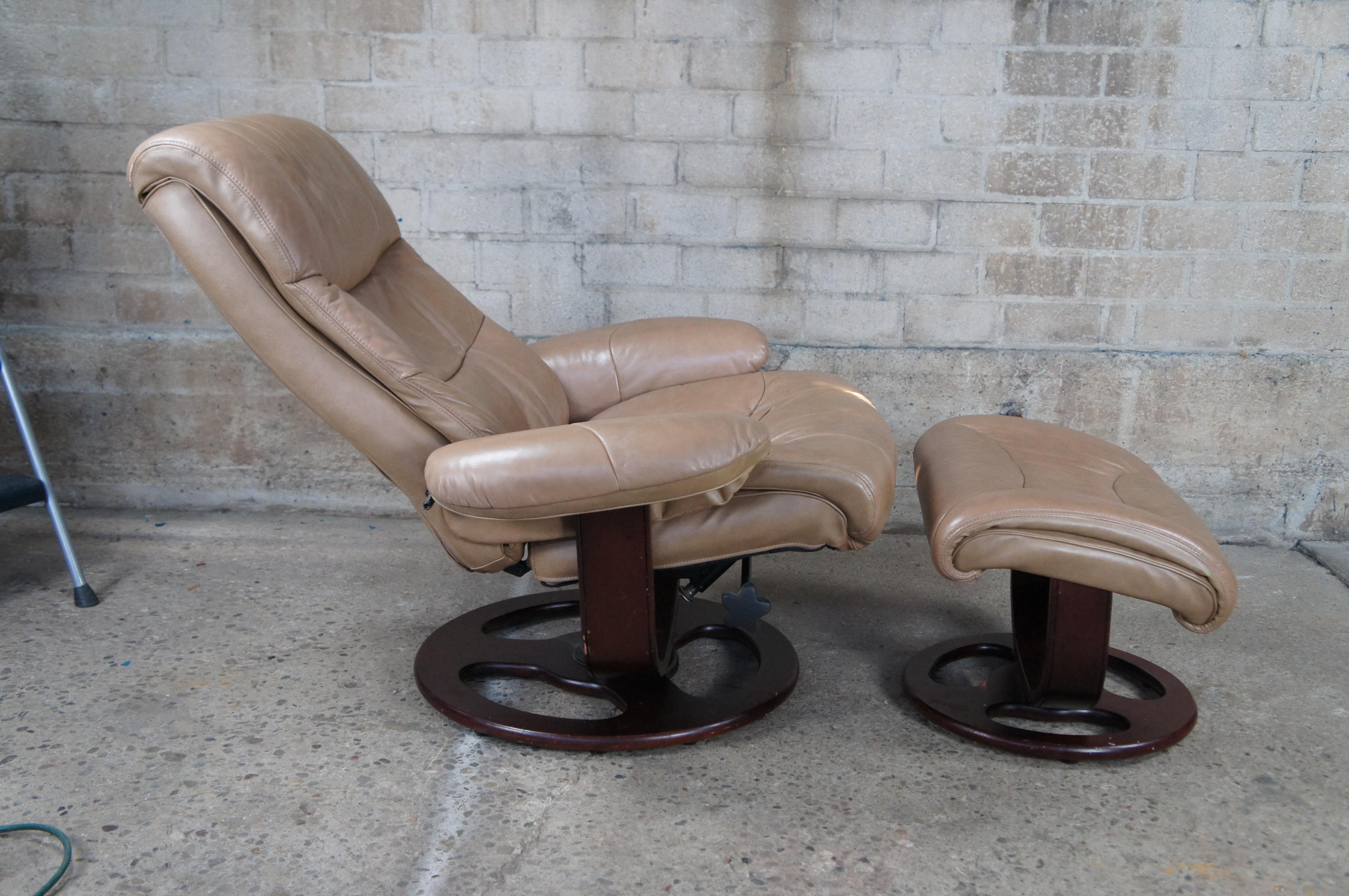 20th Century Vintage Lane Furniture Cuir Leather Stressless Recliner Lounge Chair Ottoman