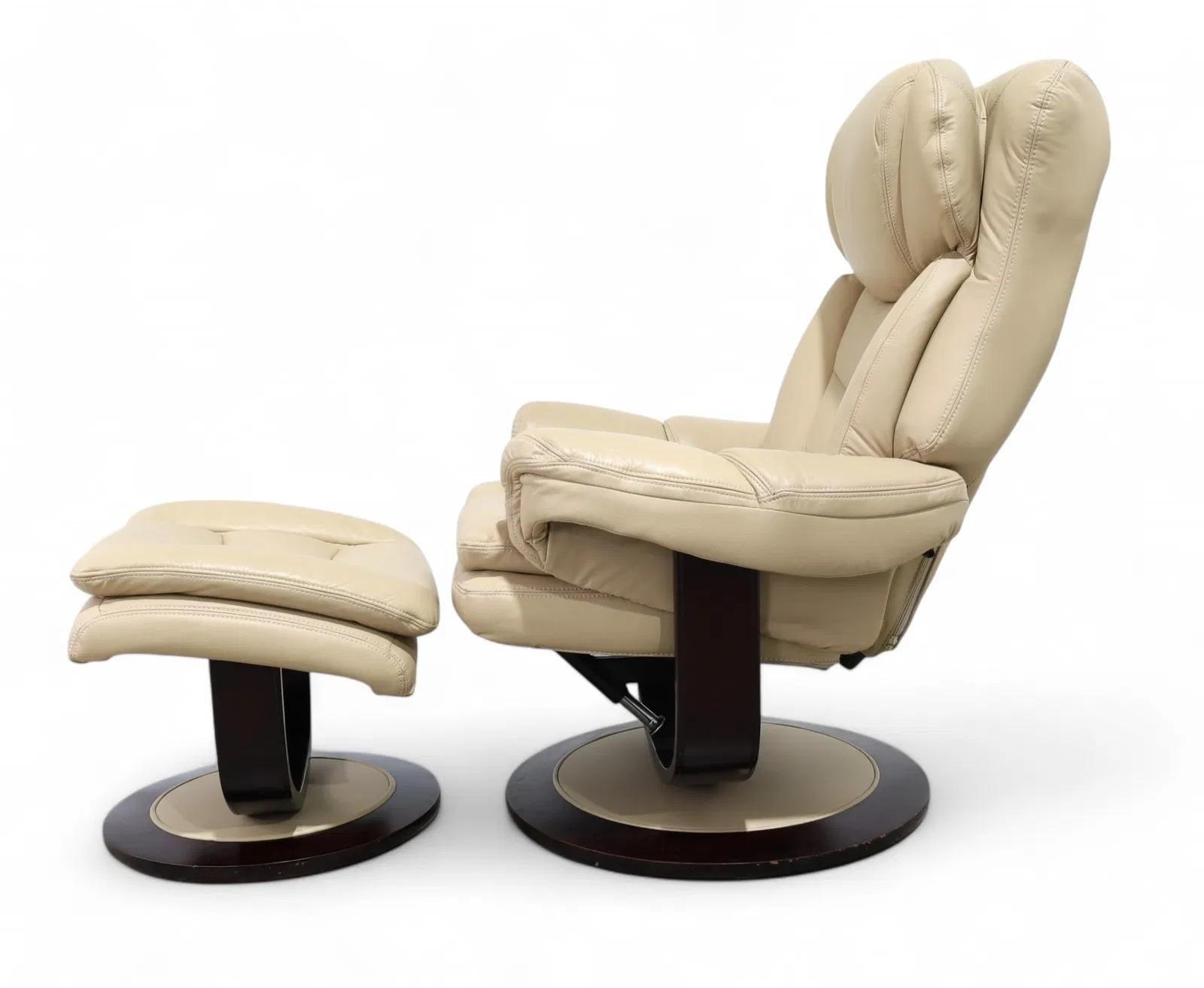 Made in America, designed after the success of the Ekornes Stressless design. Lane made meaningful transformations to the design, including the segmented style chair portion and the disk style base. All authentic leather, extremely comfortable. More