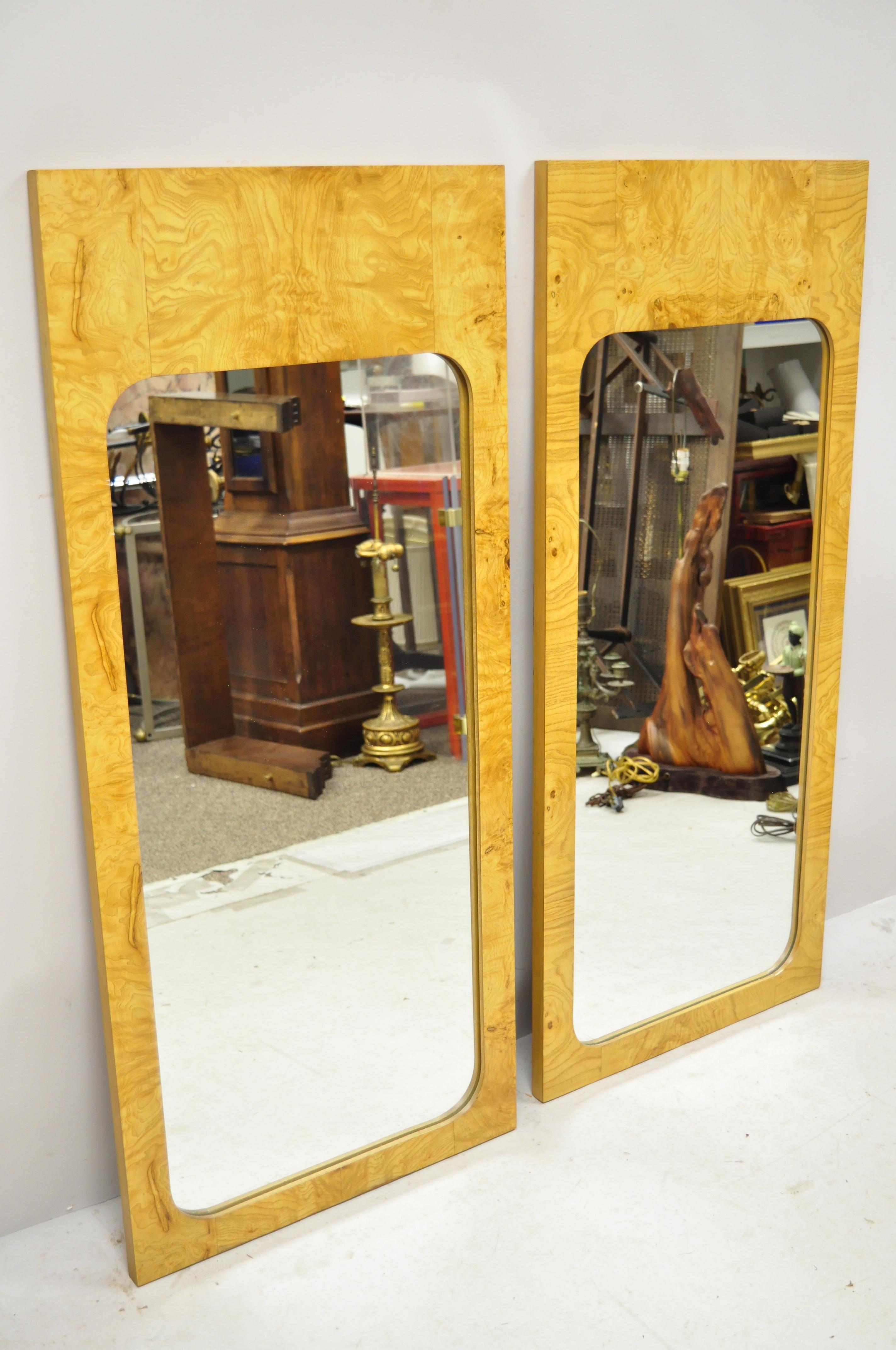 Vintage Lane midcentury Art Deco burl wood rectangular wall mirrors - a pair. Item features beautiful wood grain, clean modernist lines, quality American craftsmanship. Hanging hardware needed for rear, circa mid-20th century. Measurements: 47